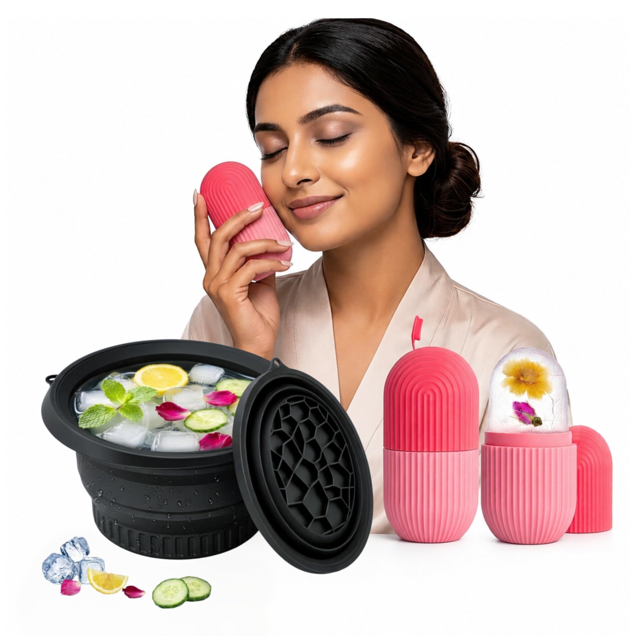 Combo Pack of Silicone Face Ice Roller & Ice Bowl with Built-in Ice Tray, Reusable & Unbreakable Skin Care Tools for Puffiness Relief, Dark Circles Reduction & Skin Tightening-image-26