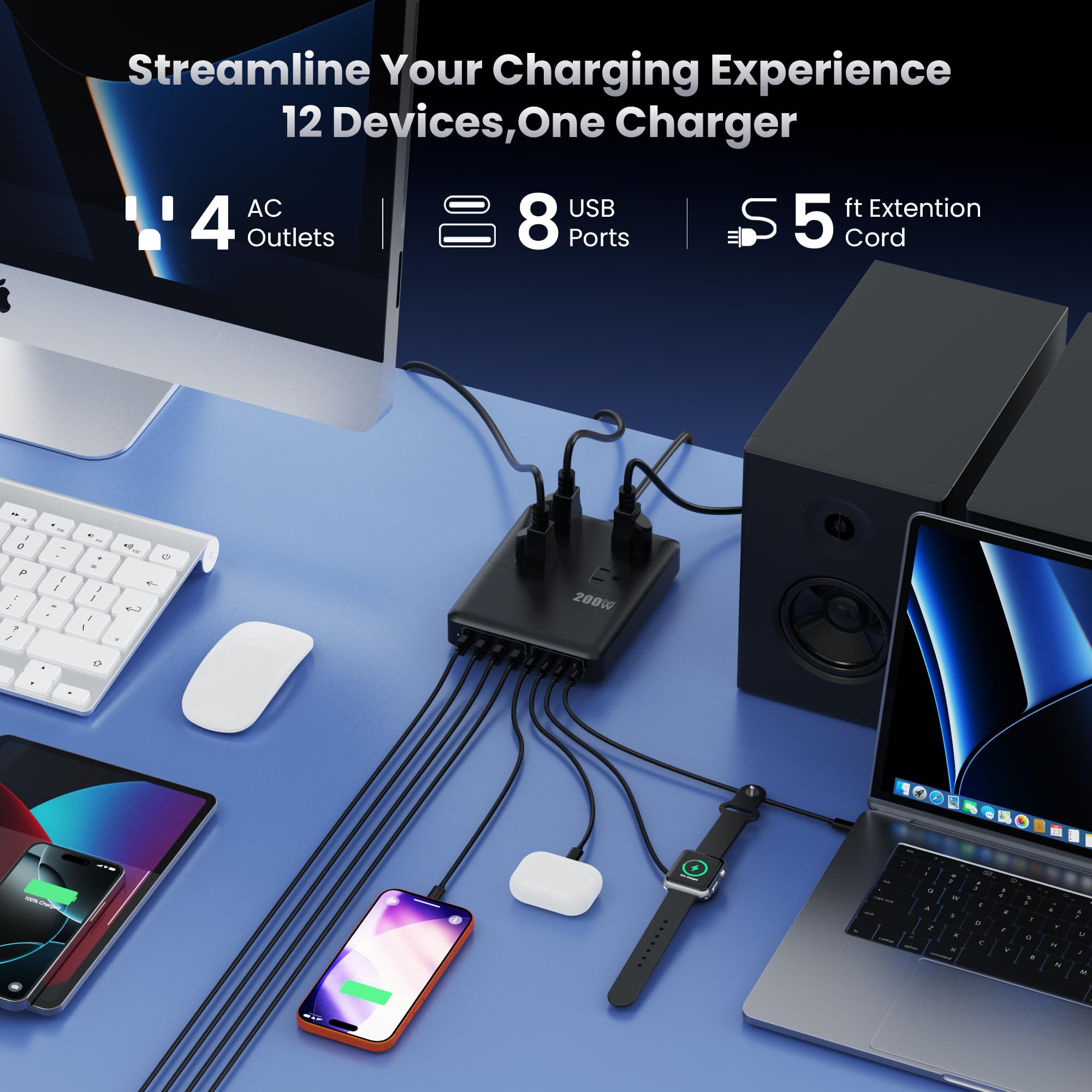 Stacja ładująca 200 W, listwa zasilająca 12 w 1 USB C z płaską wtyczką i przedłużeniem 1,5 m, 4 x gniazdo AC, 4 x USB-A, 4 x USB-C do iPhone'a 17/16/15, szybka ładowarka do laptopa PD 65