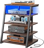 Vista 10 de Armocity Soporte multimedia AV de 4 niveles con regletas de alimentación, soporte estéreo con luces LED, torre de audio en rack con estantes