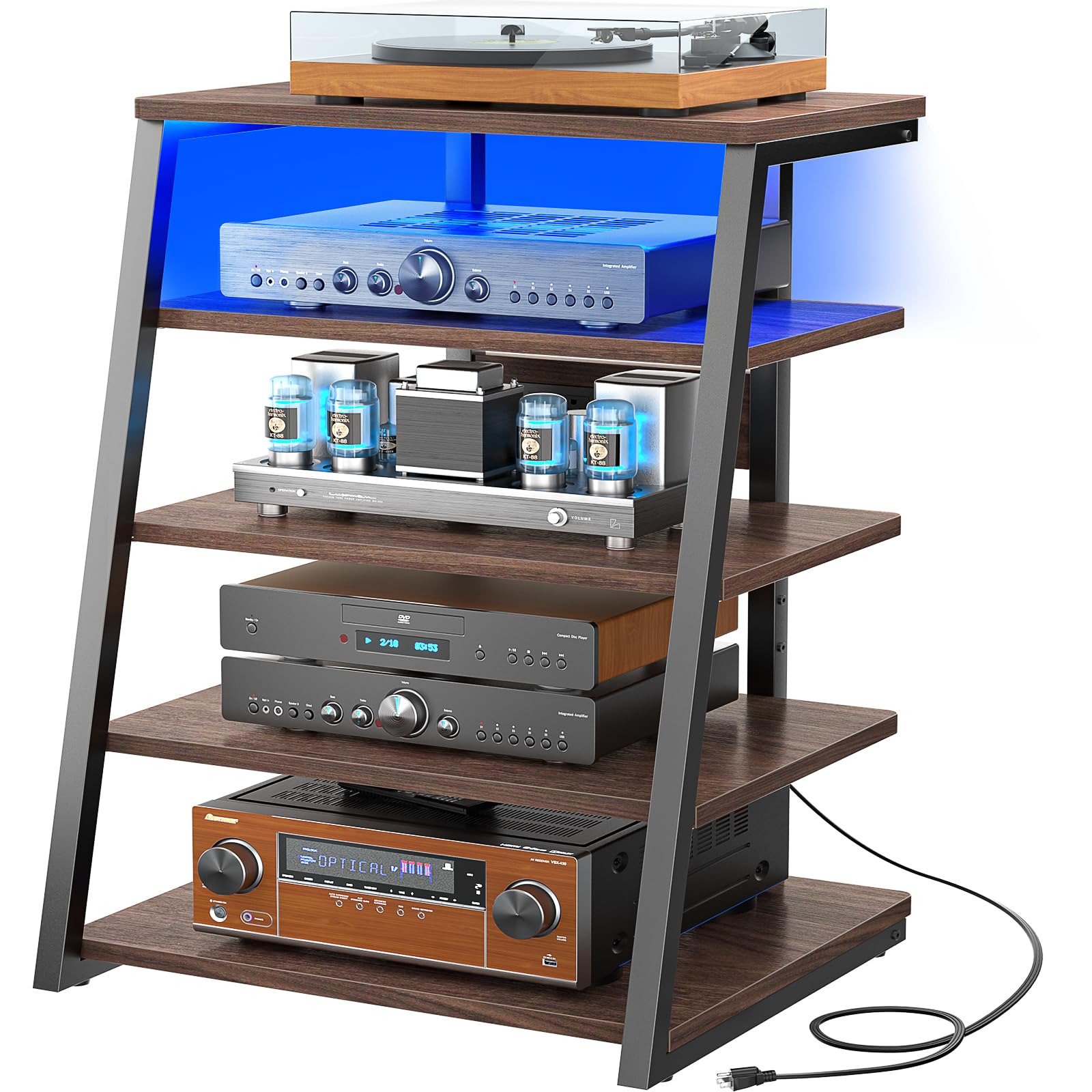 Armocity 5-Tier AV Media Stand with Power Strips, Media Console with LED Lights, Audio Tower Rack with Adjustable Shelves, Stereo Stands and Racks,