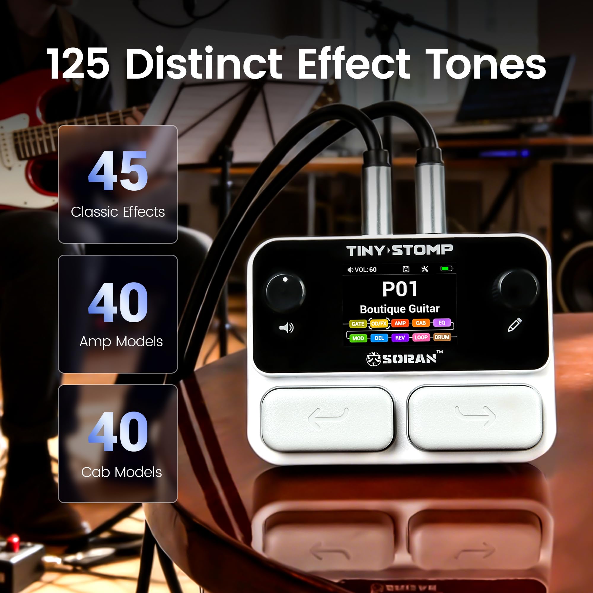 SORAN Tiny Stomp - Pedale per chitarra multi effetto, 125 effetti, 99 preset, 10 moduli, 40s Looper, 100 ritmi di batteria, 20 slot IR/NAM, interfaccia audio USB, pedale tascabile ricaricabile per
