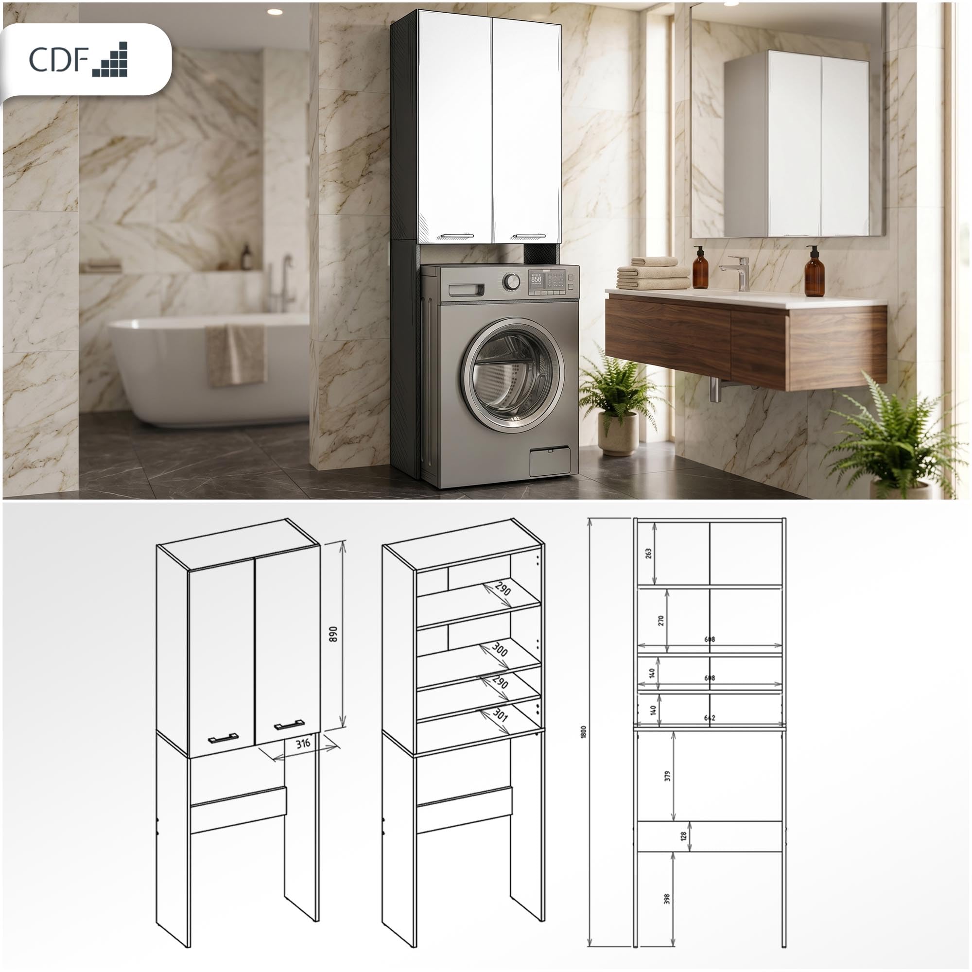 CDF Mueble Alto para Lavadora Secadora Armario Alto de Baño WC Cocina con 4 Estantes 2 Puertas Columna Organizador Cosméticos Detergente Estantería Moderna – Roble Artisan