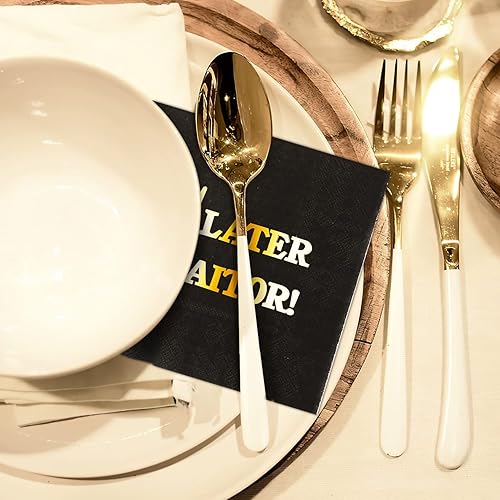 Miniatura 4 de Quera Paquete de 50 servilletas de papel TRAITOR de papel de aluminio negro y dorado, suministros de decoración de fiesta, servilletas desechables