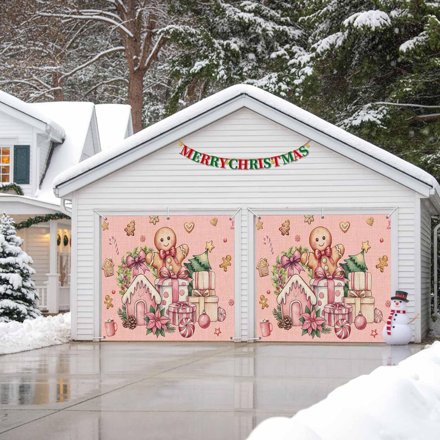 Garage Door Cover Banner 7x16 Ft, Pink Gingerbread Christmas Garage Door Decorations for Christmas/Thanksgiving, Xmas Tree Gift House Star Large Hanging Backdrop Covers for Outdoor Holiday
