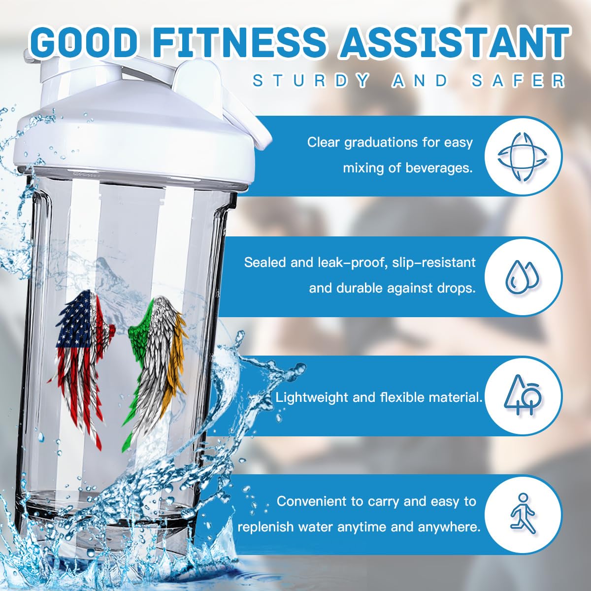 Wings America and Irish Flag 18 Ounce Shaker Cup,Fashion Theme Pattern Shaker Bottle Leak-proof Workout Shake Bottles 500ML/18 oz Perfect for Pre Workout-3-1