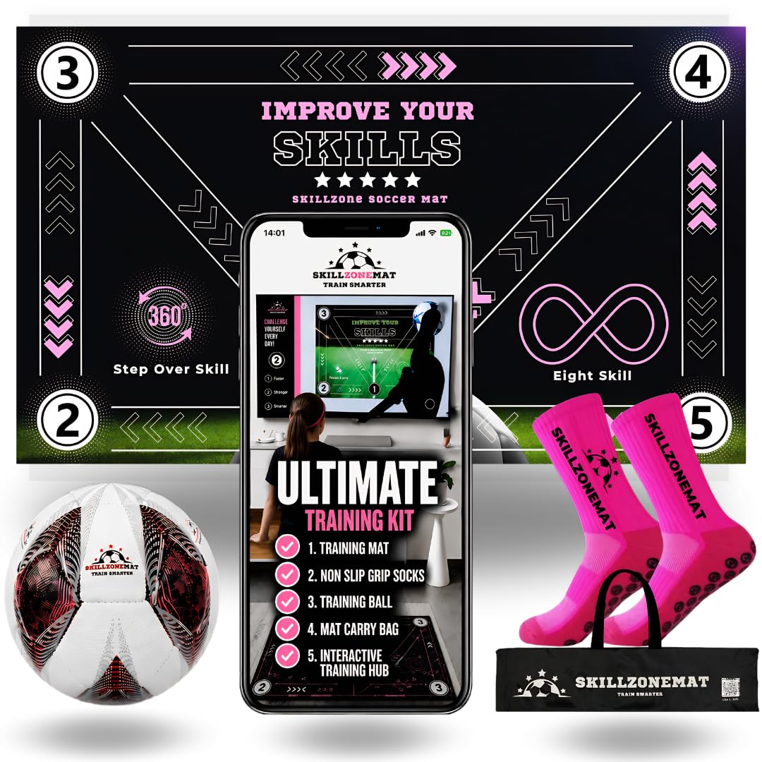 SkillZone Soccer Training Mat with Soccer Ball – Dribbling &amp; Footwork Trainer | Indoor/Outdoor Soccer Training Kit with Interactive Video Hub, Grip Socks &amp; Carry Bag | Control &amp; Agility Practice