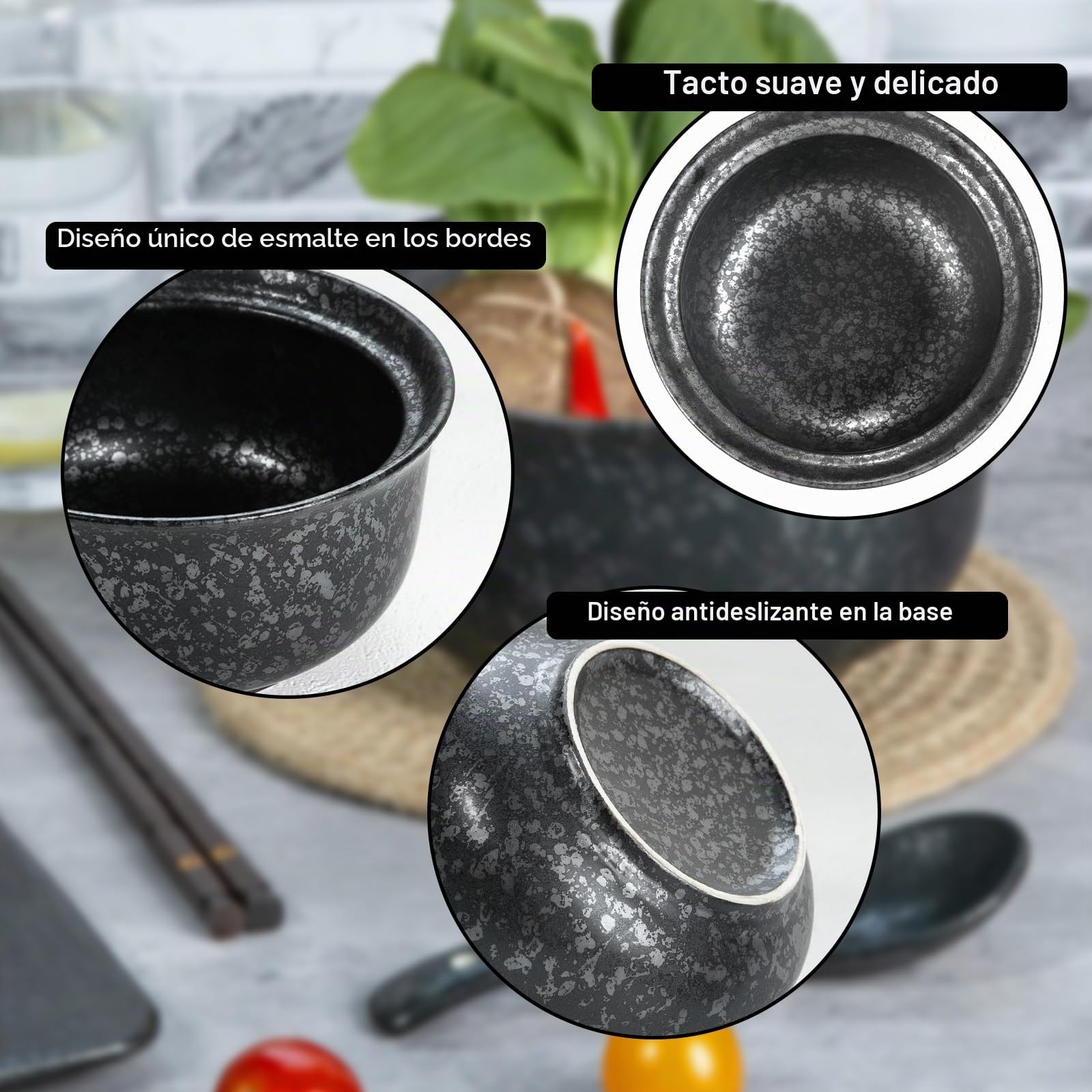 Juego de 2 tazones de ramen japonés, tazón de ramen con tapa, cuencos de sopa instantáneos de cerámica vintage, vajilla asiática, cucharas y palillos - 800 ml, negro