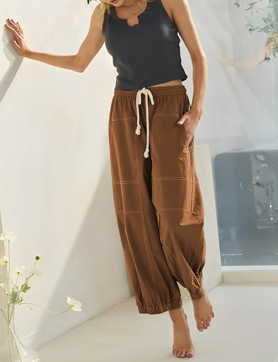Himosyber Womens Baggy Wide Leg Pants Casual Loose Elastic Drawstring Waist Harem Pants with Pockets - Image 3