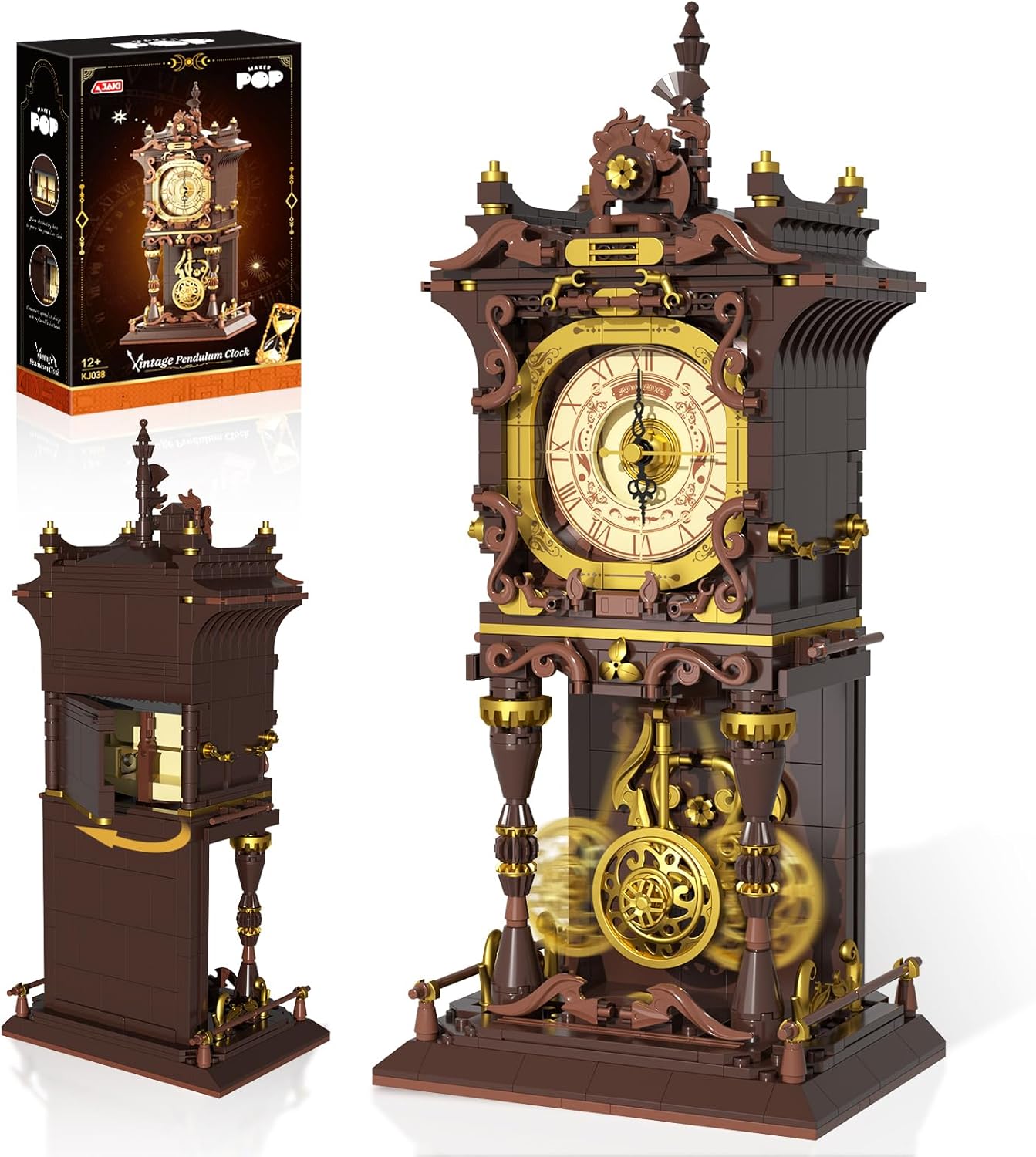 Juego de bloques de construcción de reloj de péndulo vintage, péndulo móvil y esfera giratoria, juguetes de bloques de construcción mecánicos,