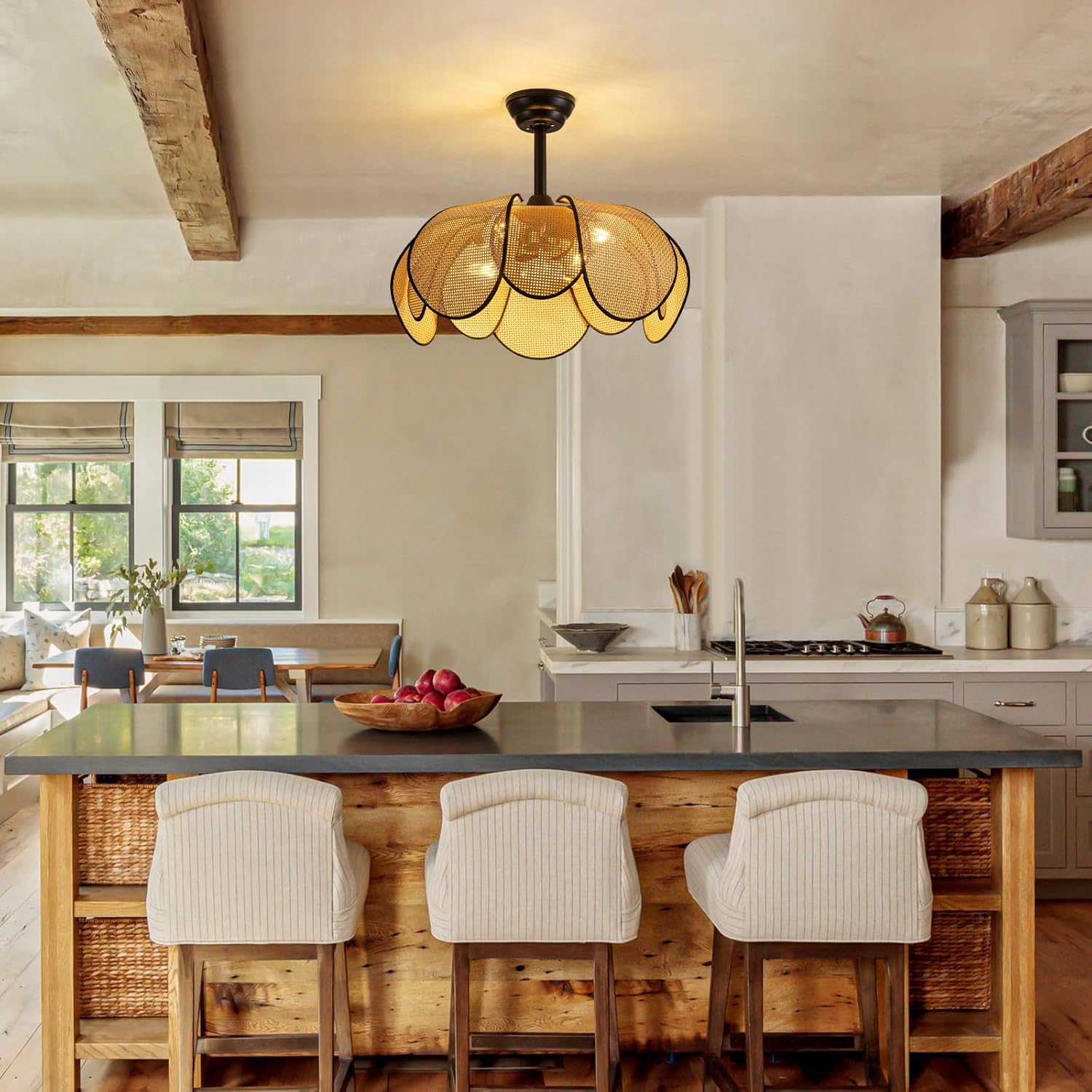 Rattan Fandelier Ceiling Fans with Lights,Boho Black Chandelier Ceiling Fan with Light Remote,Flush Mount Chandelier Ceiling Fan with 6 Speeds Fandelier for Bedroom, Living Room,Kitchen,26inch