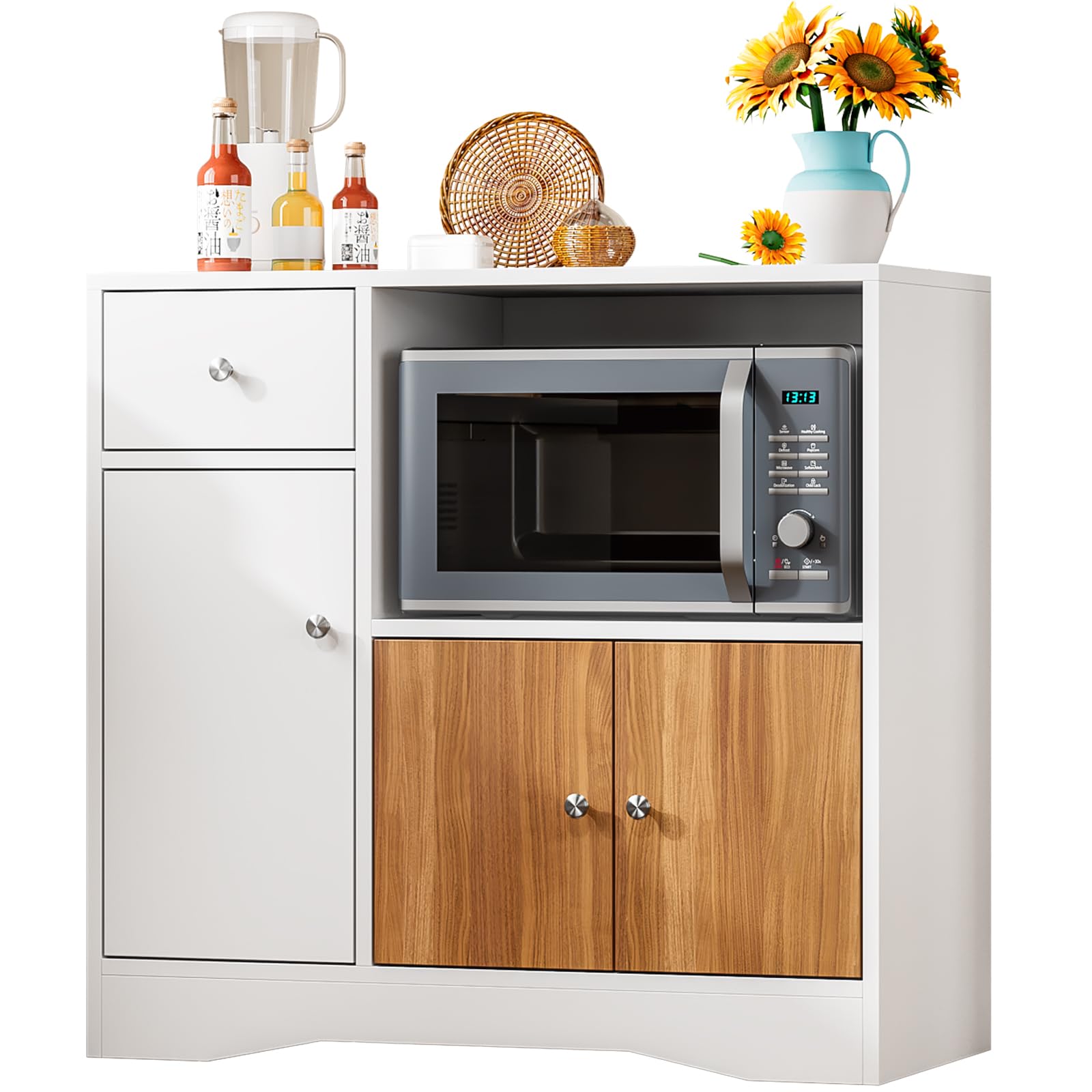 Aparador de Cocina con 3 Puertas, Cajón y Estante para Microondas | Mueble de Almacenaje, Blanco y Madera Natural, 83 × 40 × 80 cm
