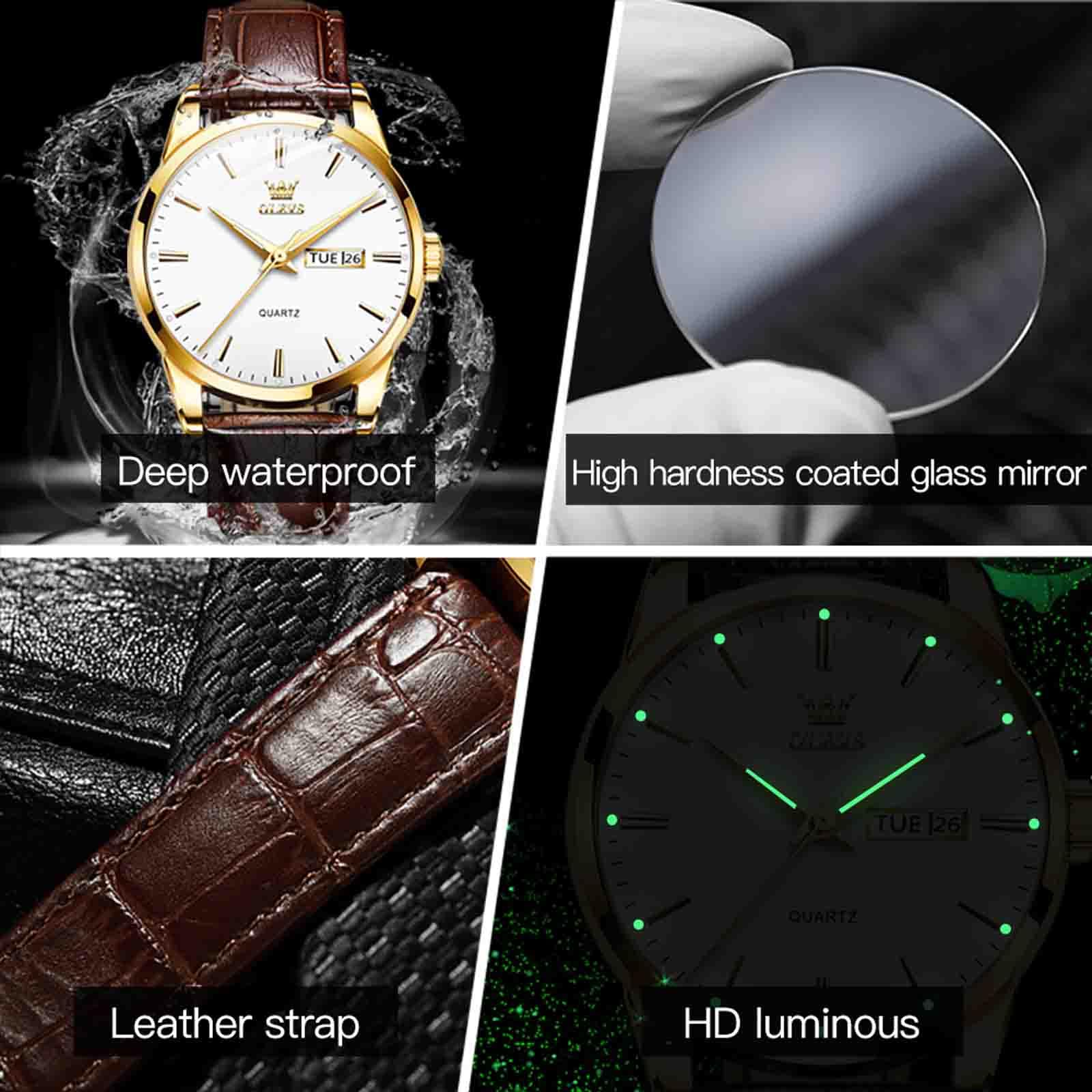 OLEVS Orologio da uomo, luminoso, casual, in pelle, facile da leggere, al quarzo, con data, impermeabile, blu/nero/analogico, orologio da polso da uomo