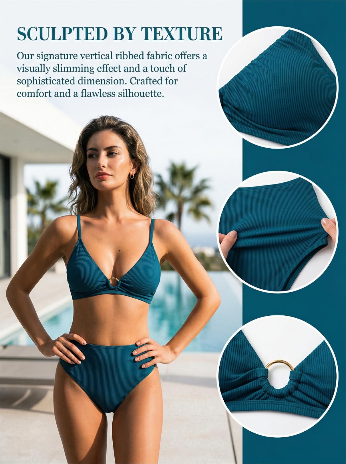 CUPSHE Traje de baño de dos piezas para mujer, conjunto de bikini de cintura alta, cuello en V, anillo en O, correas extraíbles, fruncido