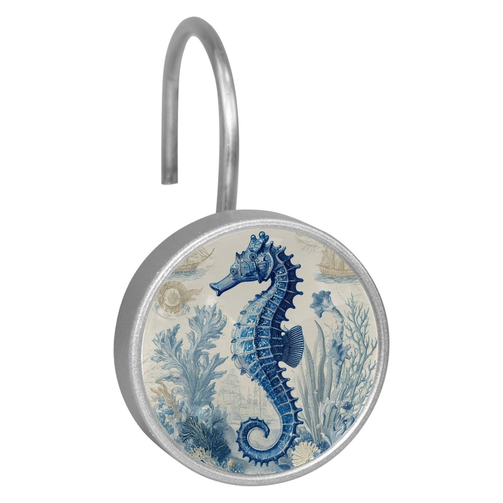 Set of 12 Stainless Steel Shower Curtain Hooks, Shower Rings for Bathroom, Rustproof Decorative Shower Hangers for Bedroom Living Room Shower Curtain Rod (Blue Seagrass Seahorse)