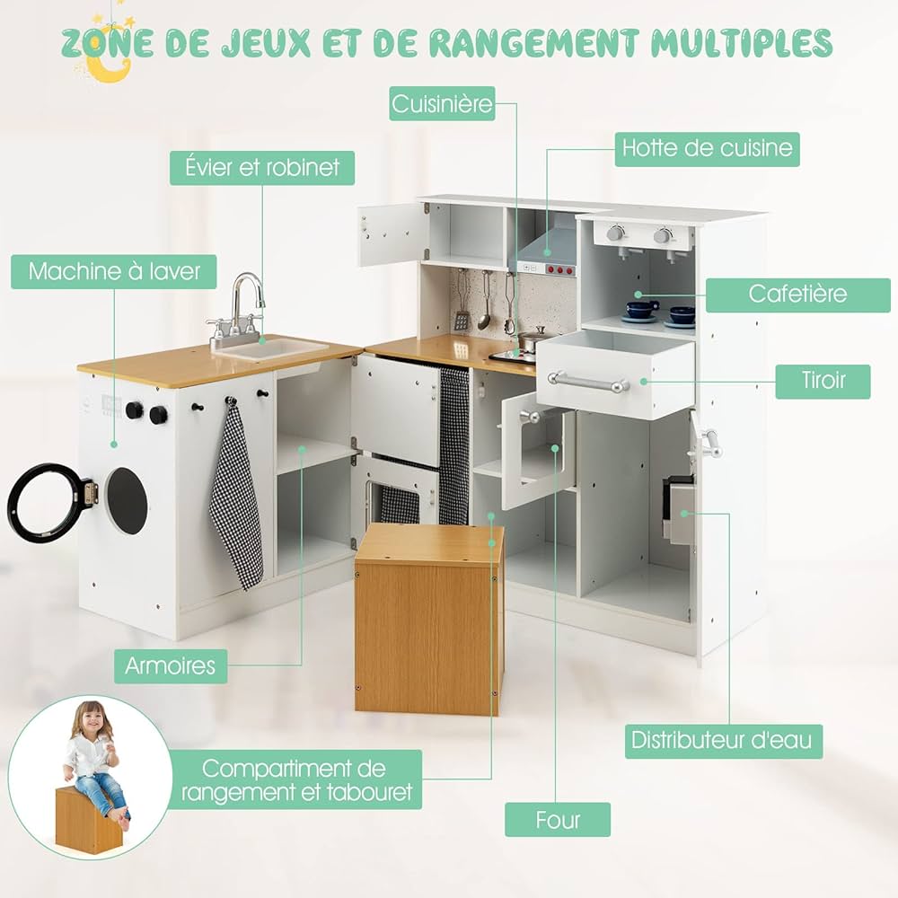 Cuisine Enfants En Bois Avec 18 Accessoires Et Machine à Café, Cuisine D'angle Enfants (marron