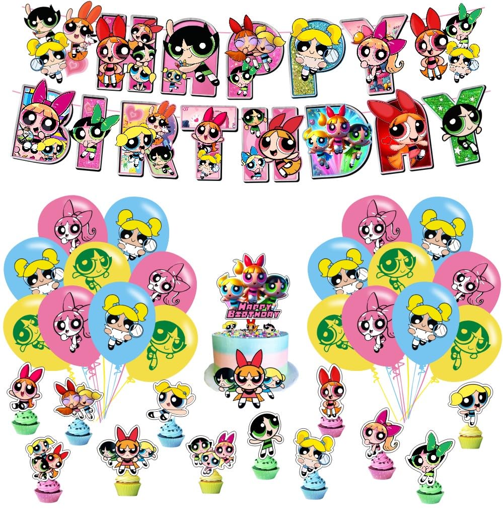 Power Girls Birthday Decorations Include Happy Birthday Banner, Cake Topper and Cupcake Toppers, Balloons for Girls Party Supplies
