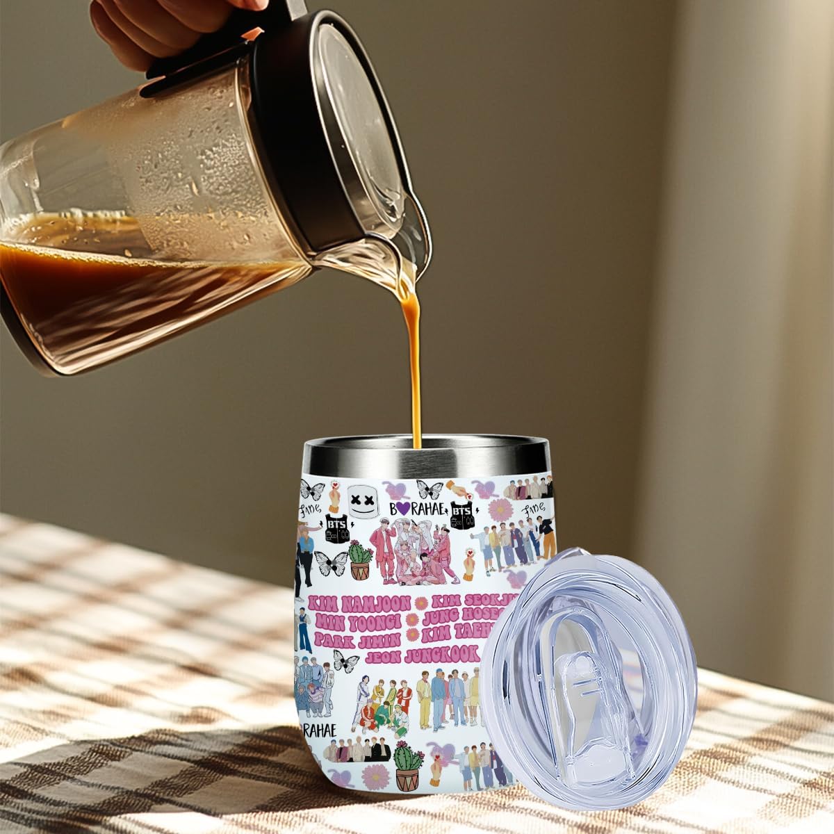 Funny K Pop Character Korean Group Army Wine Tumbler, 12oz Tumbler with Lid, Insulated Wine Glass Stainless Steel Travel Coffee Mug,Singer Inspired Song Idea Gift for Womn Girls Boys Fans Christmas - Image 6