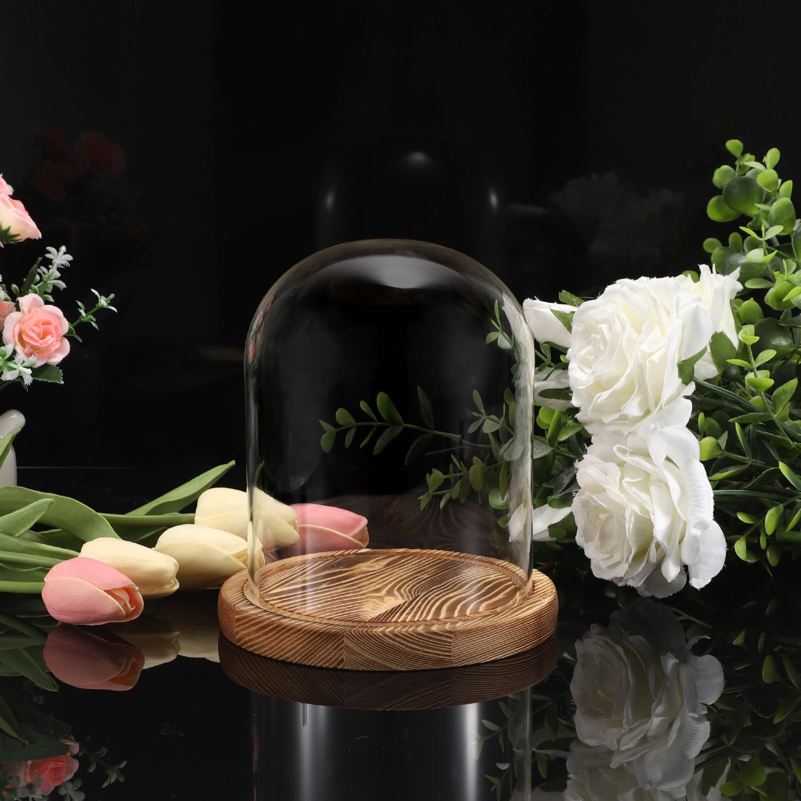 Cupola di vetro con base in legno naturale robusta campana decorativa in vetro per piastre da tavolo, lampade, candele, rose, decorazioni, antichità per Natale, compleanni, San Valentino