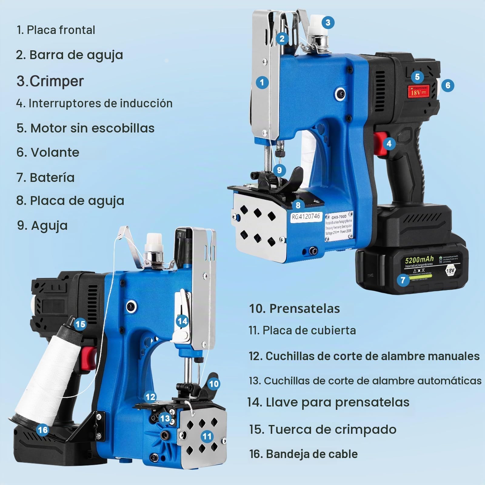 MXBAOHENG Maquina de coser saco con 2 baterías velocidad ajustable 18 V 5200 mAh cierre de bolsas Industrial máquina de cierre de bolsas de mano para arroz/sacos/tejido/papel/bolsas de plástico