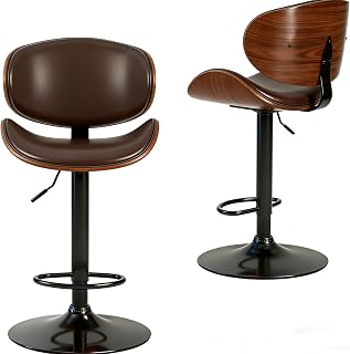 Set of 2 Brown Swivel Bar Stools Adjustable Height PU Leather with Back & Footrest (55 chars)
