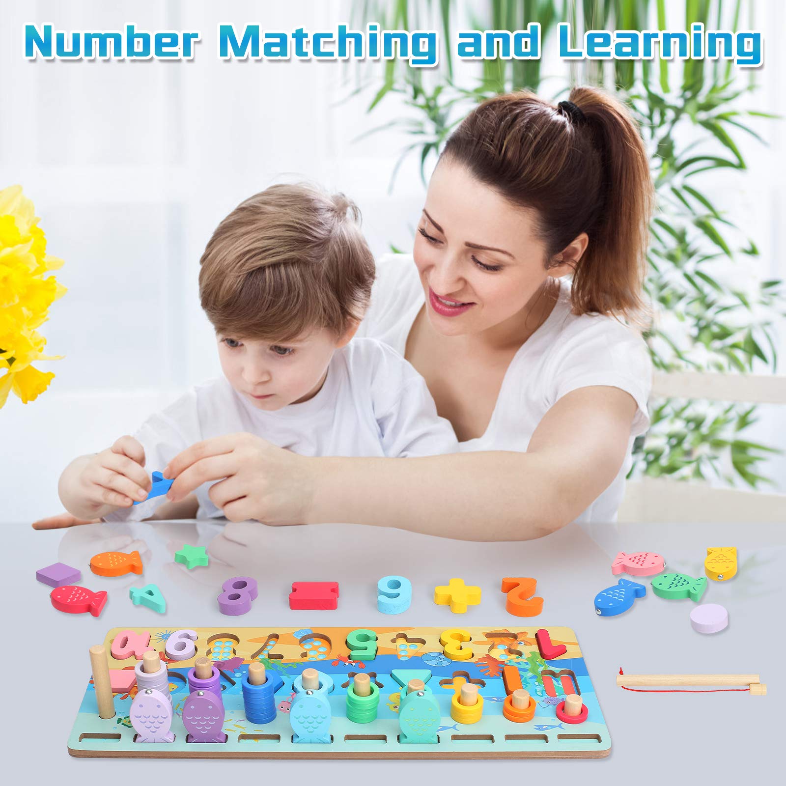 Holz-Puzzle Mit Zahlen & Formen Für Kinder – Montessori Spielzeug Mit Angelspiel, Stapelringen Für 3–6 Jahre, Pädagogisch