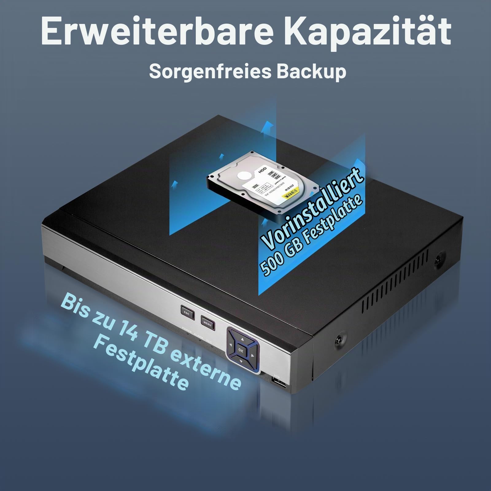 4-Kanal CCTV Überwachungs-DVR mit 500 GB HDD, 4 Ch 5MP H.265+ DVR Video-Recorder für Analog XVI AHD TVI IP-Kameras, DVR für Sicherheitskamera-Überwachungssystem für zu Hause, Mobile APP & PC(P-System)