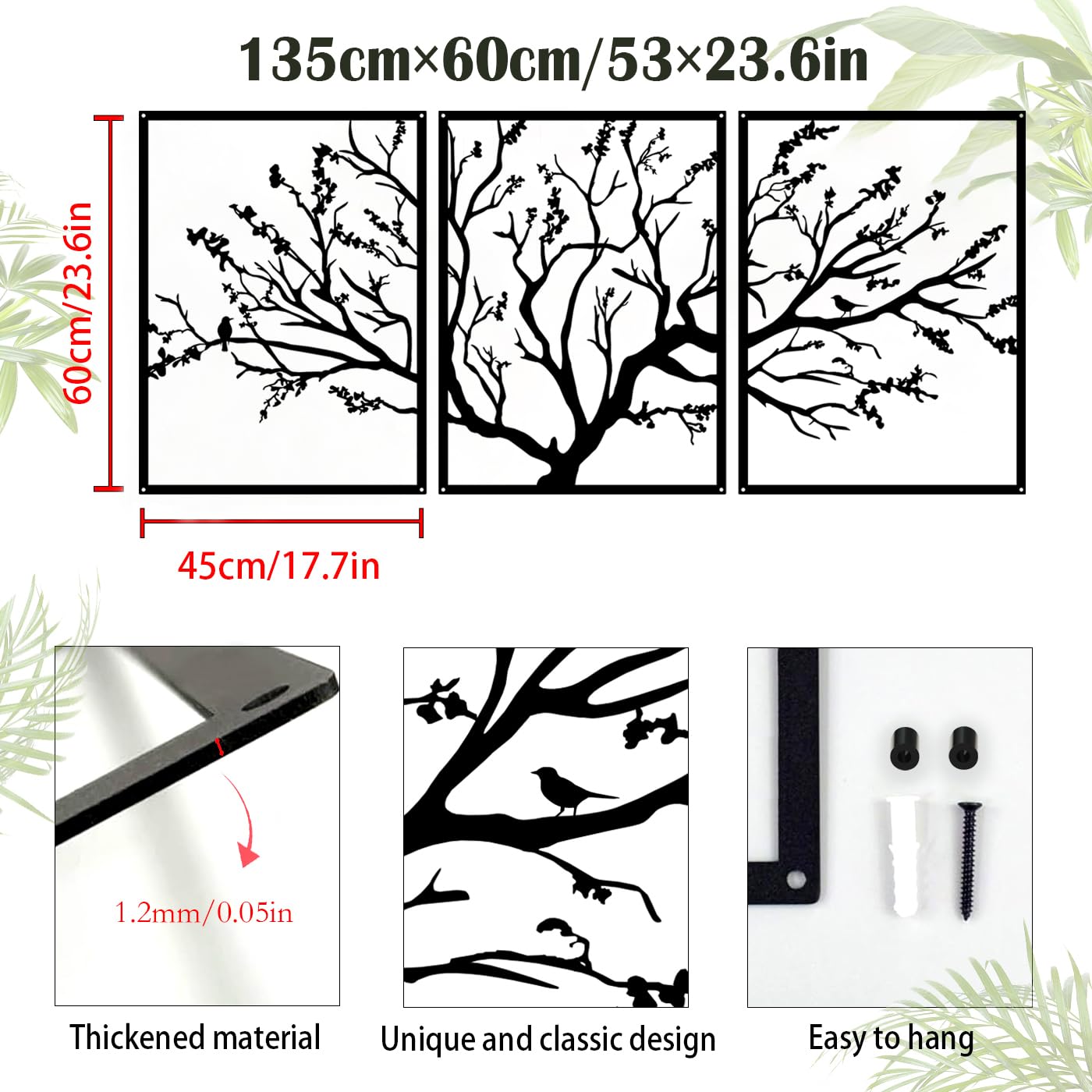 Duże drzewo życia metalowa dekoracja ścienna 3 panele, gałąź drzewa metalowy ornament wiszący znak, nowoczesna metalowa gałąź dekoracja ścienna do dekoracji ścian domu (łącznie 53 x 23,6 cala)