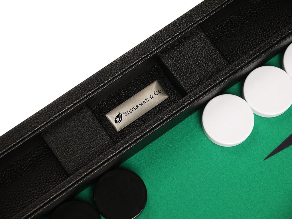 19-inch Premium Backgammon Set - Large Size - Black Board, Green Playing Surface, Black and White Points
