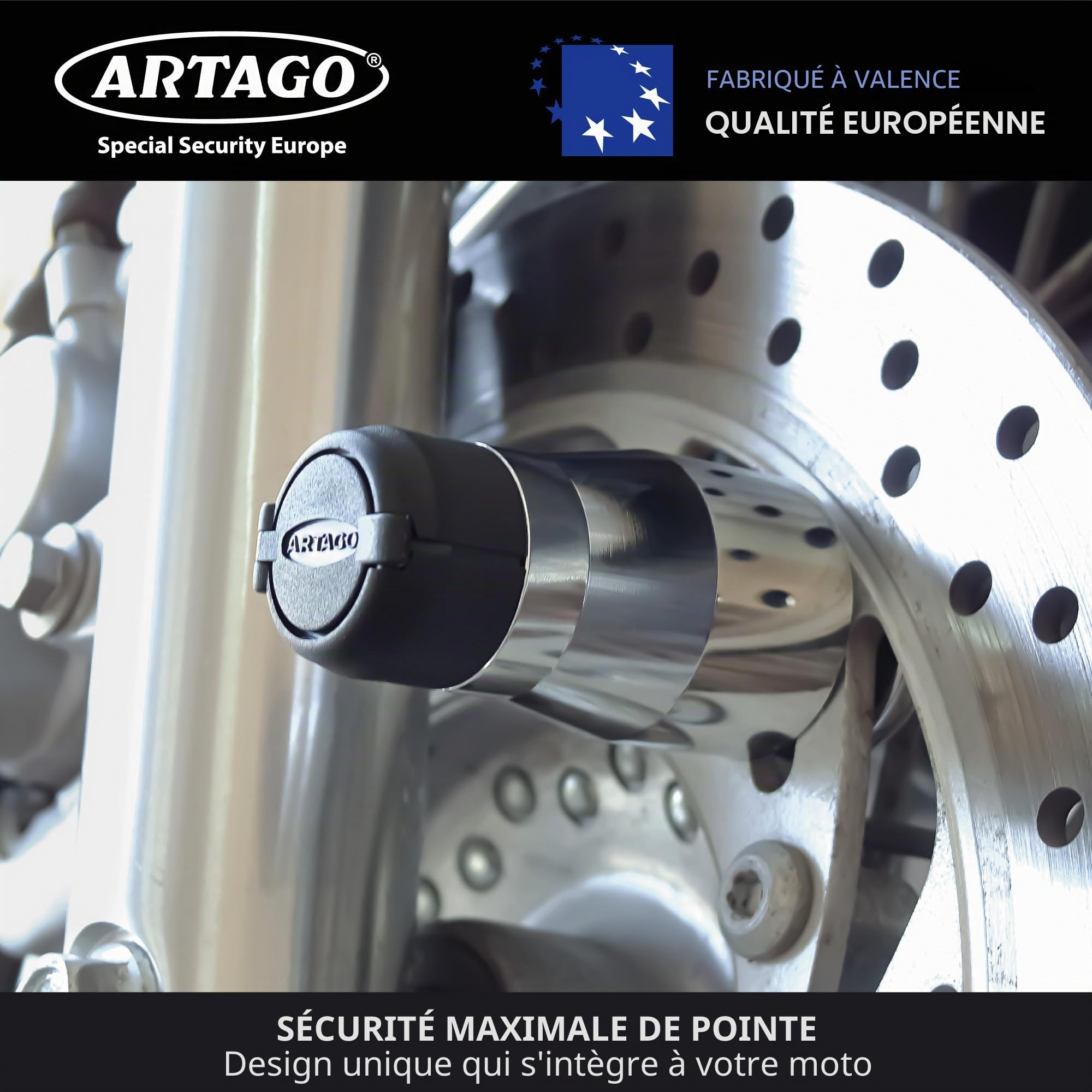 Artago 562-I Bloque Disque Moto Haut de Gamme + Support de Transport Inclus, Verrouillage à 4 Billes en Acier, Chromé, Serrure de Protection Haute Sécurité, Antivol Bloc Frein Roue pour Scooter, Moto