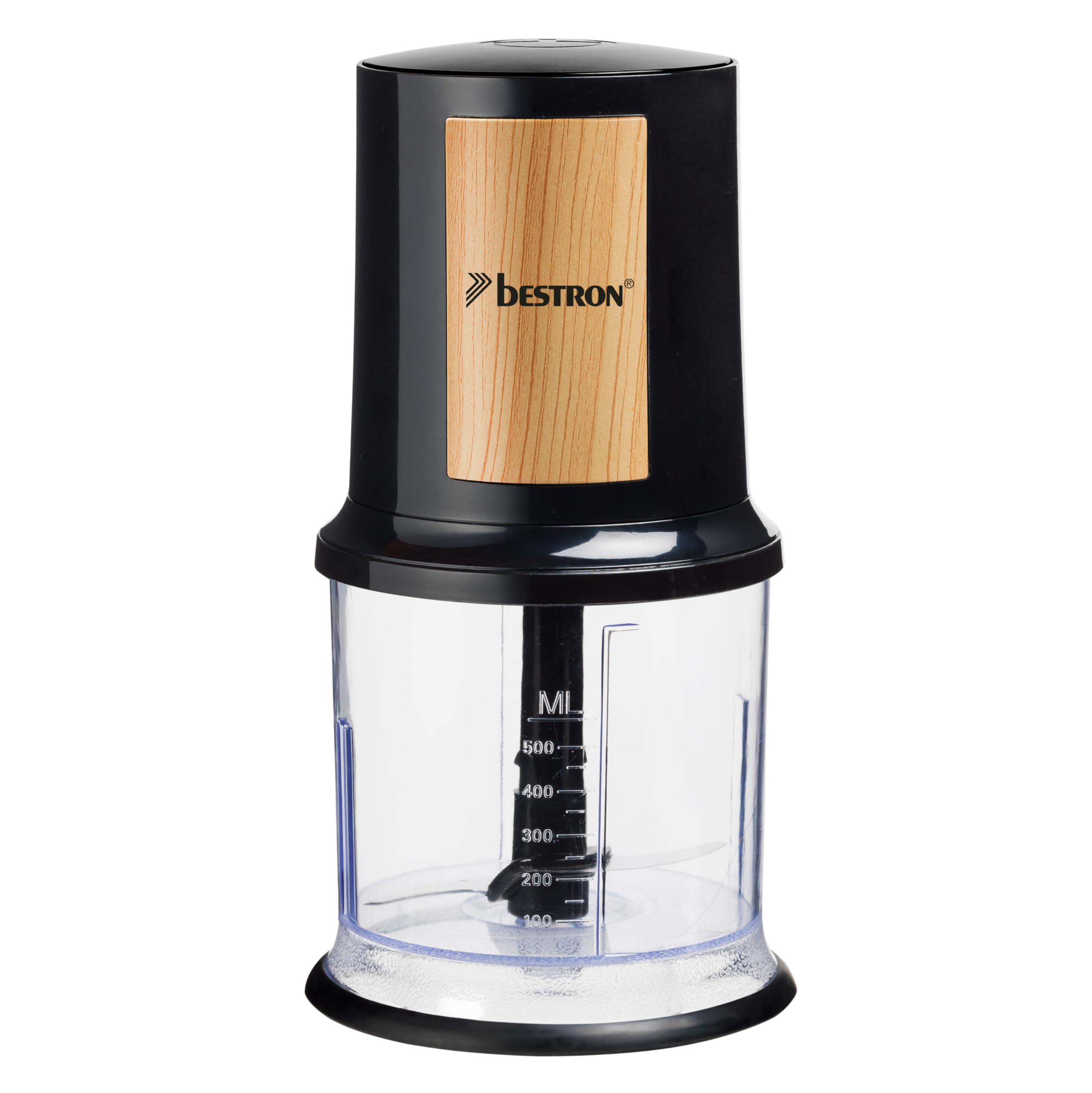 Bestron Elektryczny rozdrabniacz, uniwersalny rozdrabniacz z dwoma nożami tnącymi i pojemnością 500 ml, duży przycisk pulsu, 400 W, kolekcja Black & Wood, kolor: czarny/drewno