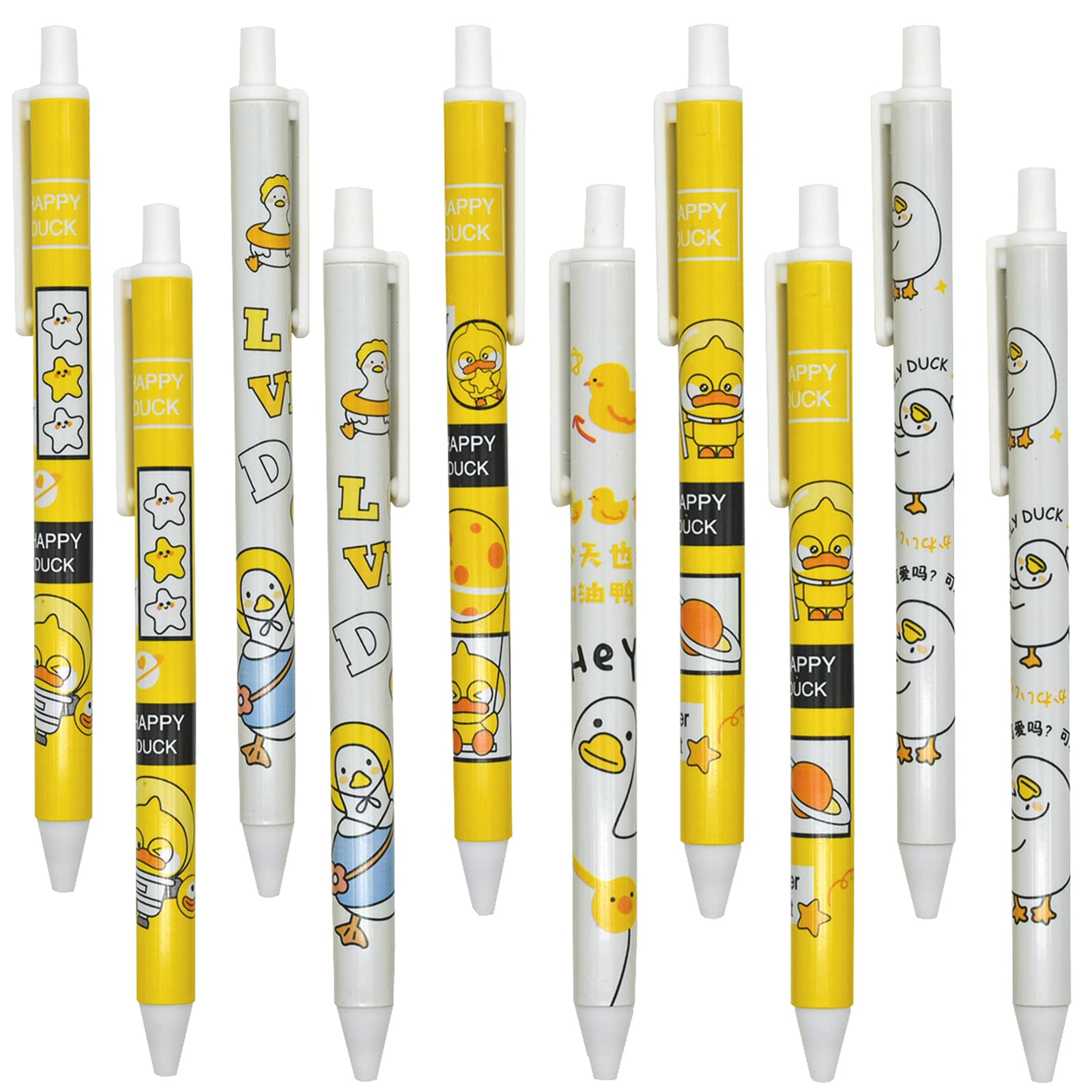 Lopenle 42PCS Little Yellow Duck Pens Happy Lovely Duck Retractable Gel Pens Novelty Animal Rollerball Pen Black Ink For School Supplies Office Party