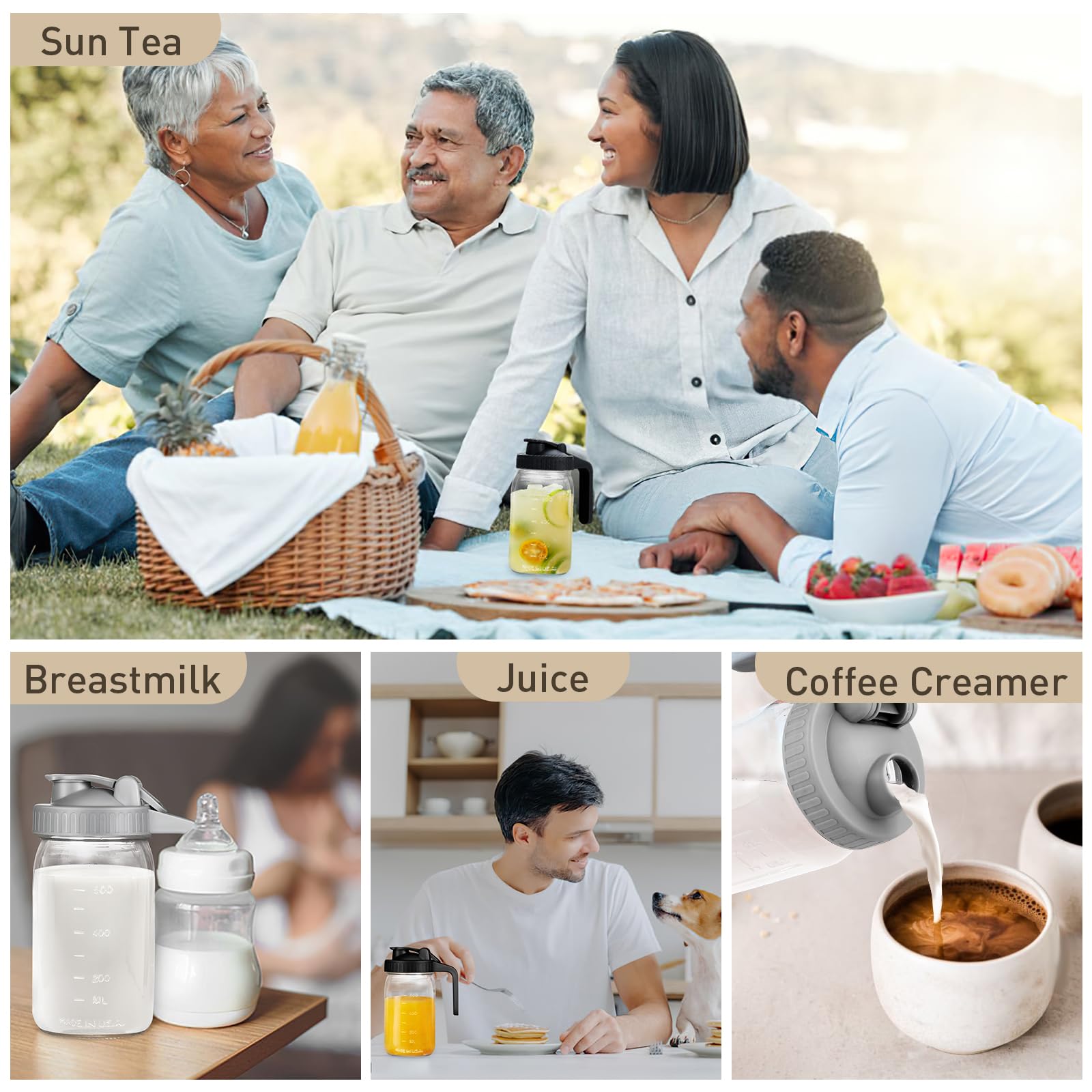 Brocca In Vetro Mason Jar Con Coperchio - Bocca Larga 32 Oz - Ermetica Per Bevande, Latte, Tè - Foto 9