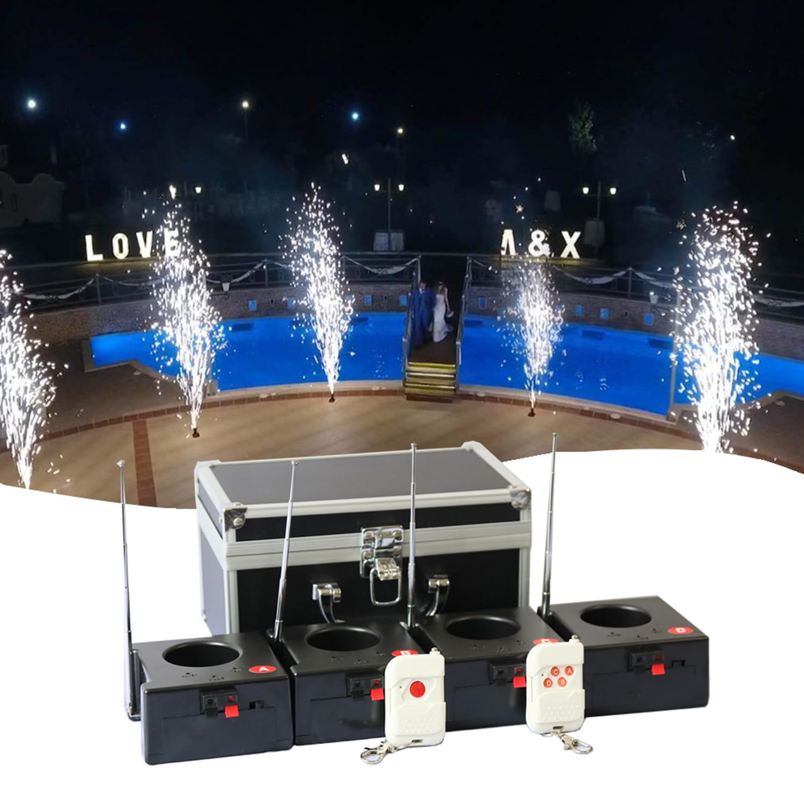 Mini-Kaltfeuerwerksmaschine – 4 StüCk Mit SchutzhüLle + 2 Kabellosen Fernbedienungen (70 M Reichweite), Kabelloser Kalter Pyrotechnischer EmpfäNger FüR BüHne/Party/Hochzeit