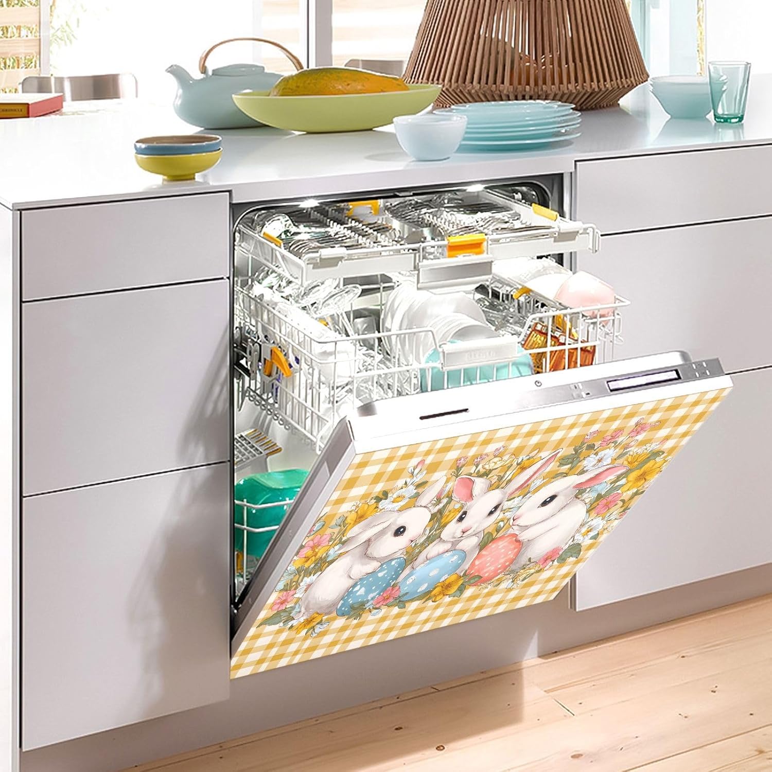 Dishwasher Magnet Cover Large Magnetic Stickers Plaid Easter Bunny Front Dishwasher Cover for Home Kitchen Refrigerator Decorative Lid