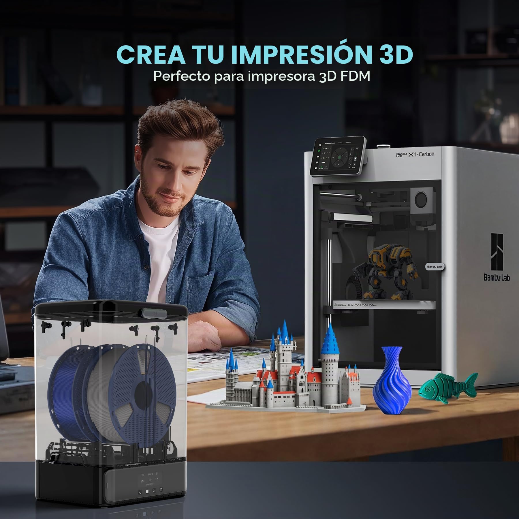 Secador Filamento SUNLU SP2 y Caja de Almacenamiento, 2-Bobinas Secador de Filamento 3D, 70℃ Máxima Temperatura con 360° Calefacción, Filament Seco 3D para Filamento PLA PETG TPU 1,75mm/2,85mm