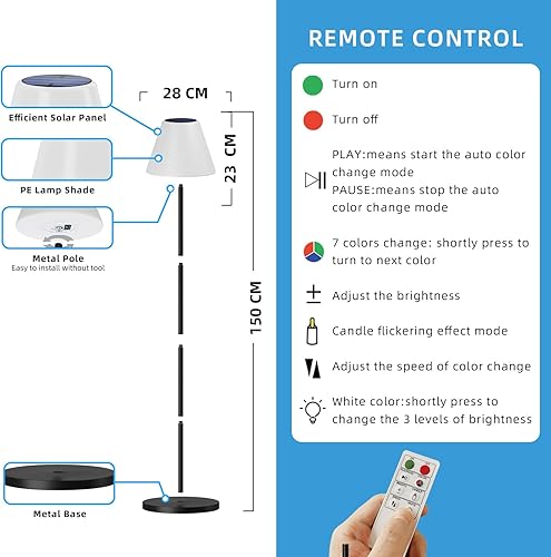 Miniatura 6 de Lámpara solar de pie para exteriores, regulable, LED, recargable por USB, luces blancas cálidas RGB para patio, jardín, patio (base redonda)