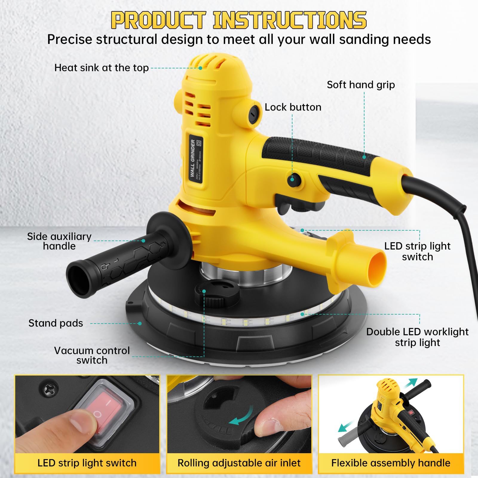800W Electric Drywall Sander, Variable Speed1200-2300RPM Wall Sander with Vacuum, LED Lights, Dust Bag and Hose,12 Pcs Sanding Discs - Image 2