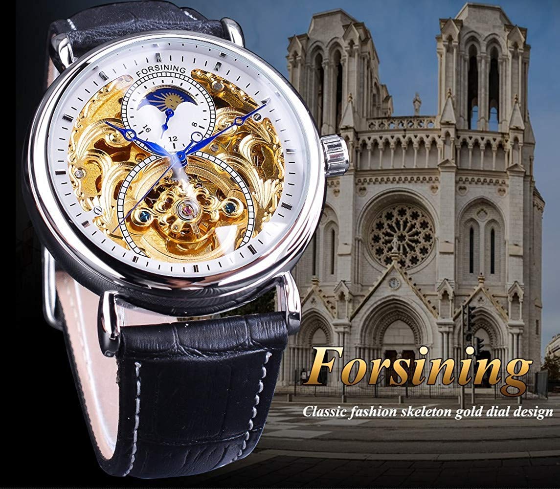 Carlien Herren-Automatikuhr, goldfarben, Tourbillon, Skelettuhr, Mondphase, wasserdicht, Edelstahl
