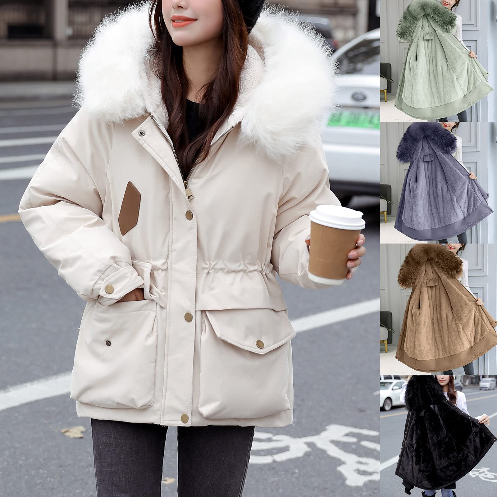 Chaqueta de invierno para mujer, moderna, cálida, acolchada, cortavientos, de piel sintética, parka con capucha, bolsillo corto, parka para exteriores, cortavientos, M - XXL