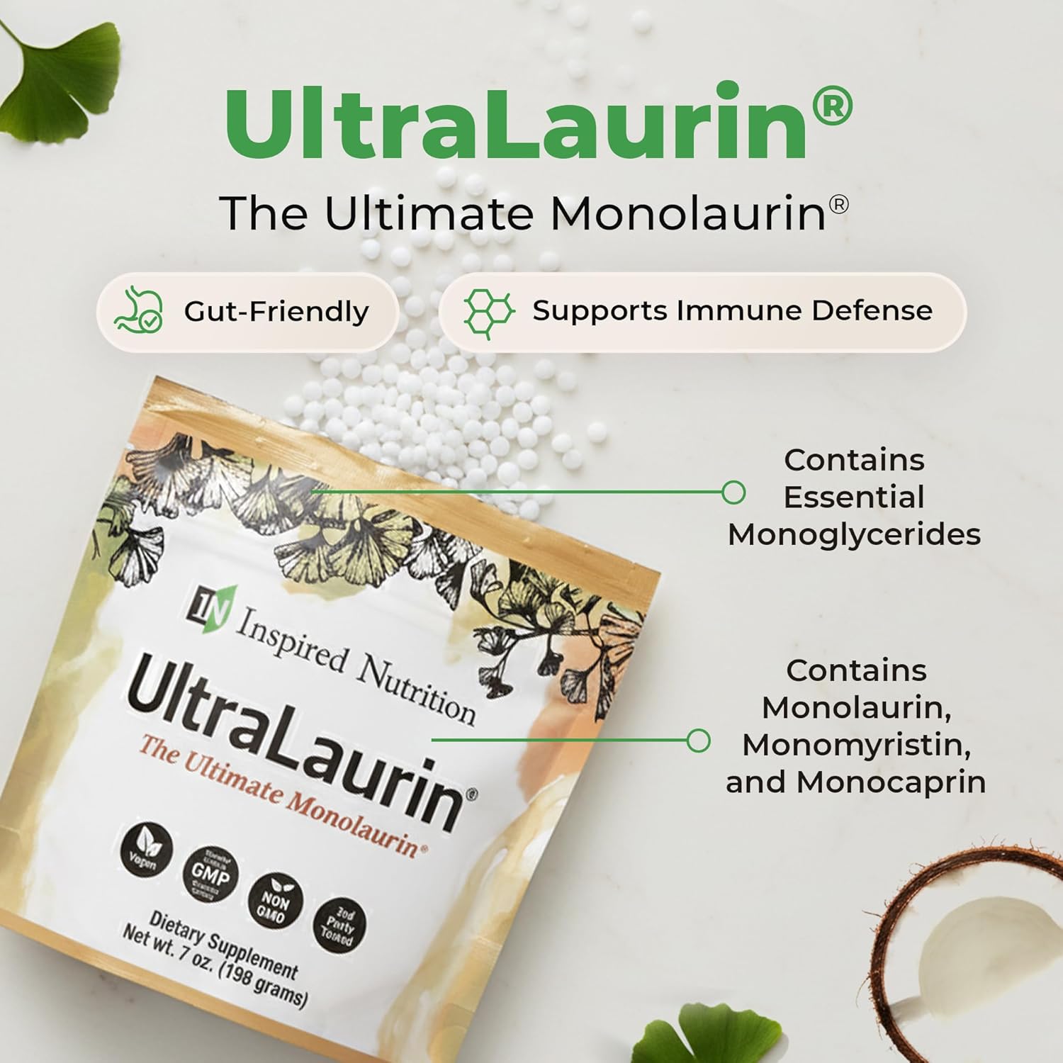 UltraLaurin® Monolaurin Supplement – 3,000 mg Coconut-Derived Pellets for Immune & Gut Health Support, Digestive Wellness – 7 oz - 66 Servings – Vegan, Non-GMO, Natural Immune & Digestive Support