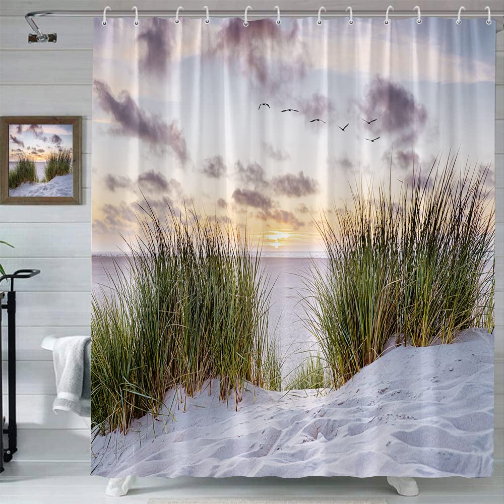 Tropical Beach Shower Curtain Summer Hawaii Holday Seacoast Beach Sand Dunes During Sunset with Grass in The Wind Peaceful Ocean Island Nature Pant Seascape Bathroom Decor Fabric Curtain with Hooks