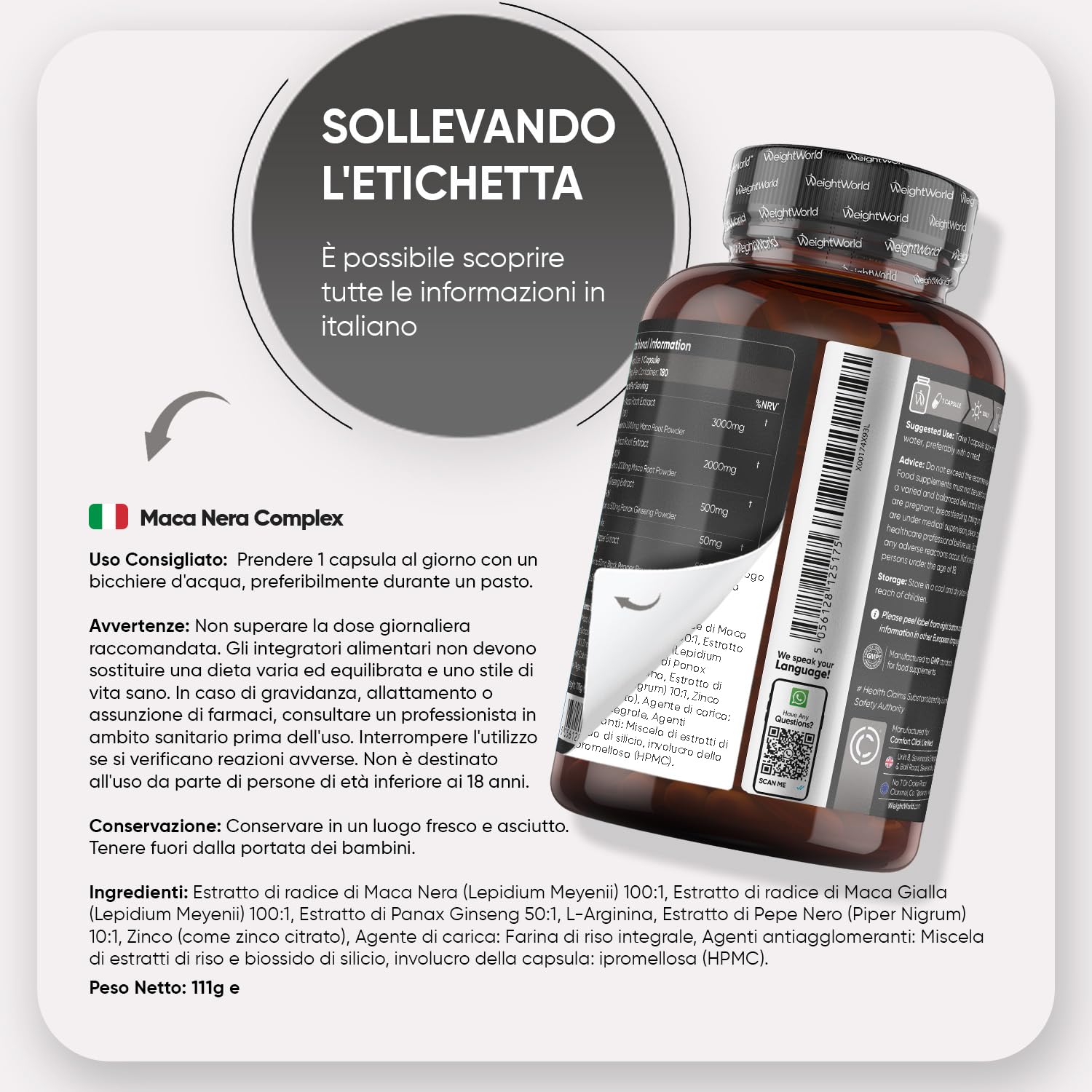Maca Peruviana, 180 Capsule Vegane, 1 al Giorno (6 Mesi), Estratto 100:1, Maca Nera Complex con L Arginina, Zinco come Zinco Citrato, Panax Ginseng, Pepe Nero, Senza Magnesio Stearato, Senza Glutine
