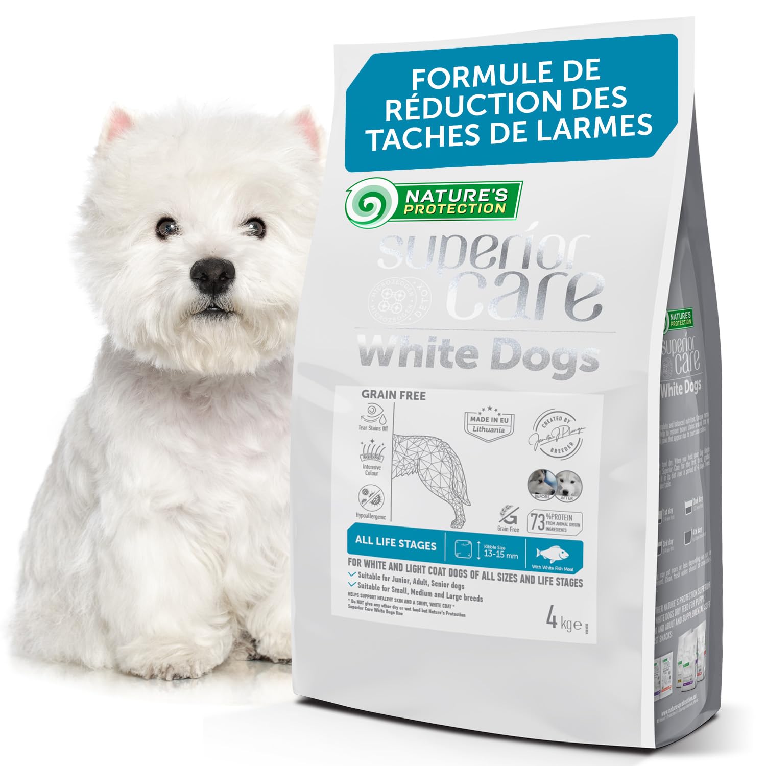 Nature's Protection Superior Care Aliment Chien, Poisson Blanc 4 kg | Anti-traces de larmes, pelage blanc éclatant, Grandes croquettes, Pelages blancs/clairs, Toutes races, Chiots et adultes