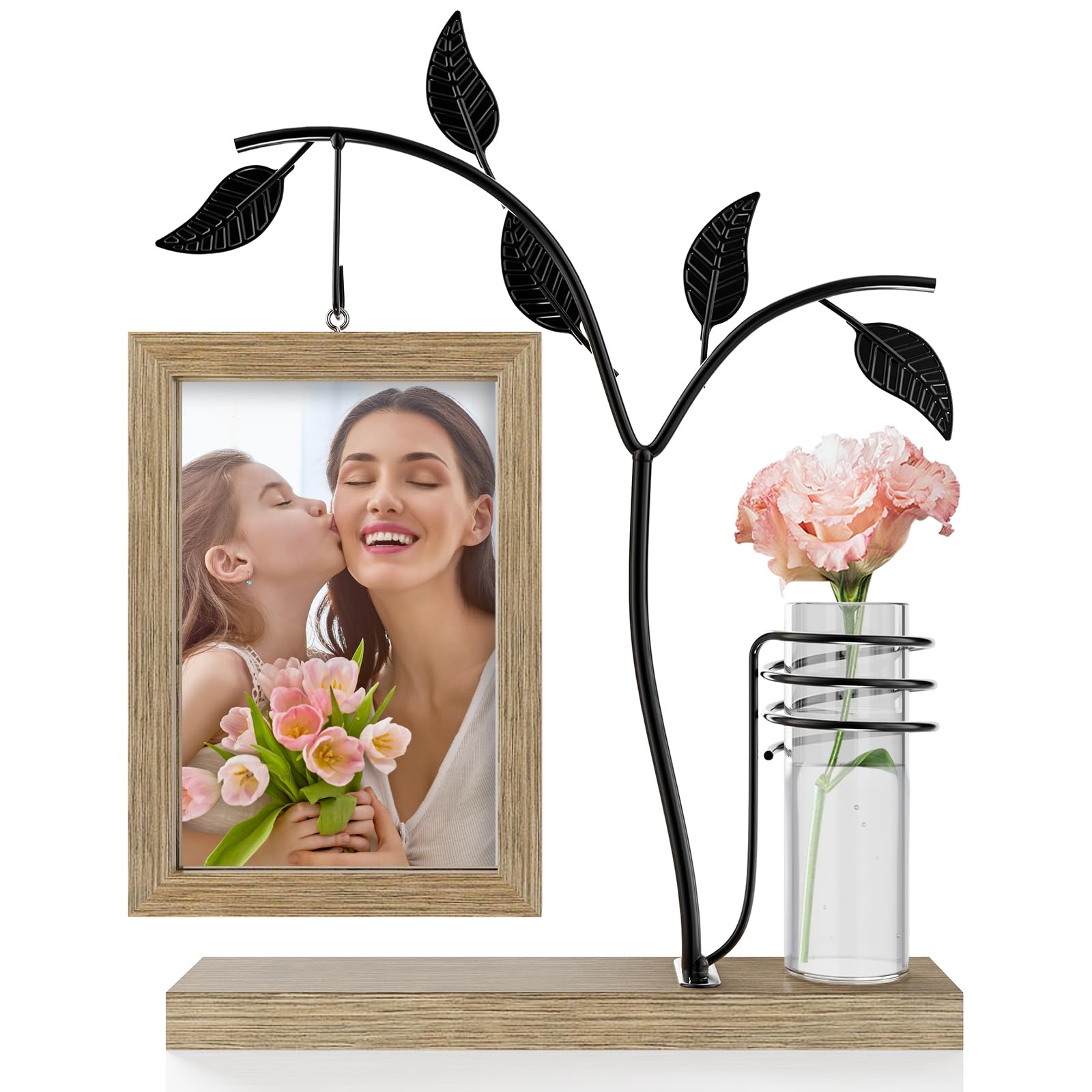 Aresvrgo Bilderrahmen Personalisiert für 2 Bilder,Holzbilderrahmen 10x15 Kann Rotieren,mit Glas Vase und Metall Baum Hochzeitsgeschenk Bilderrahmen,für Familie Geschenk,Weihnachten (Natur Braun)