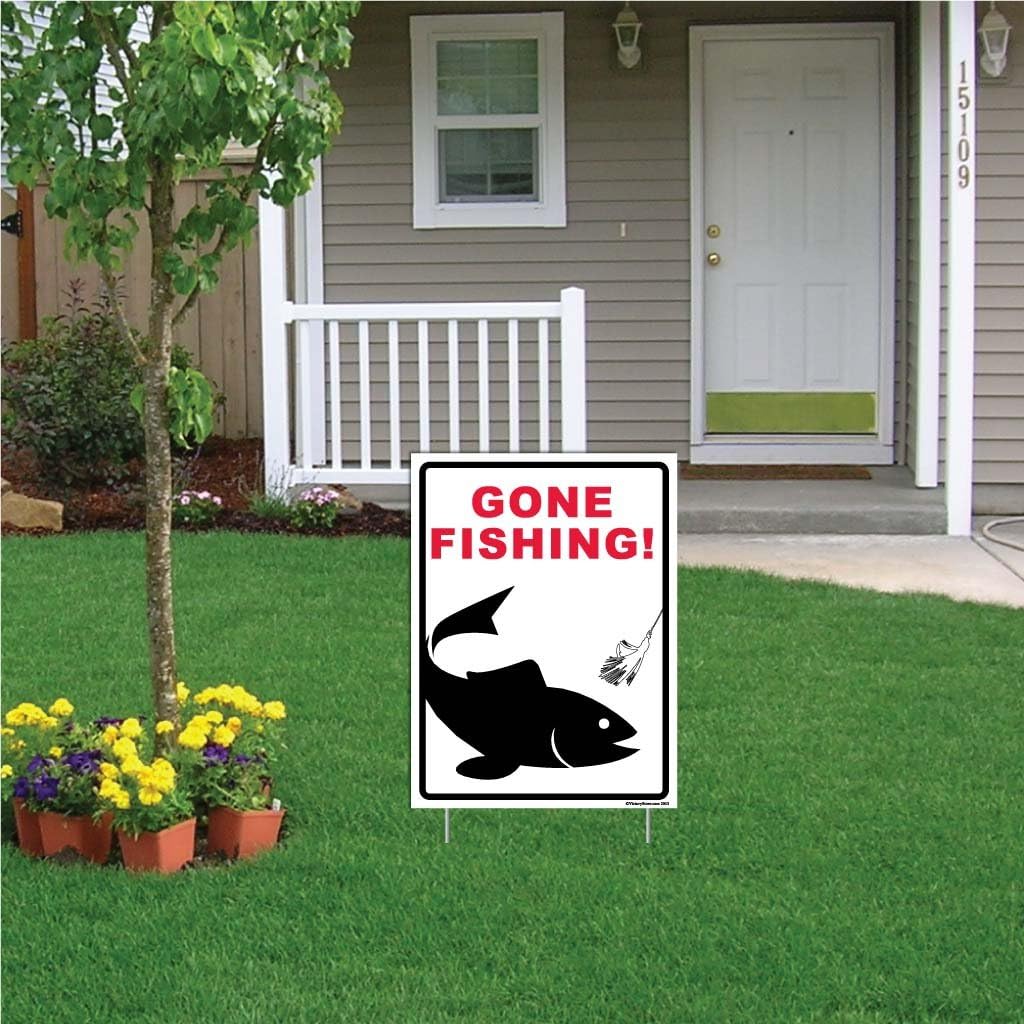 VictoryStore Yard Sign Outdoor Lawn Decorations: Gone Fishing Plastic Sign, Size 18 inch x 24 inch