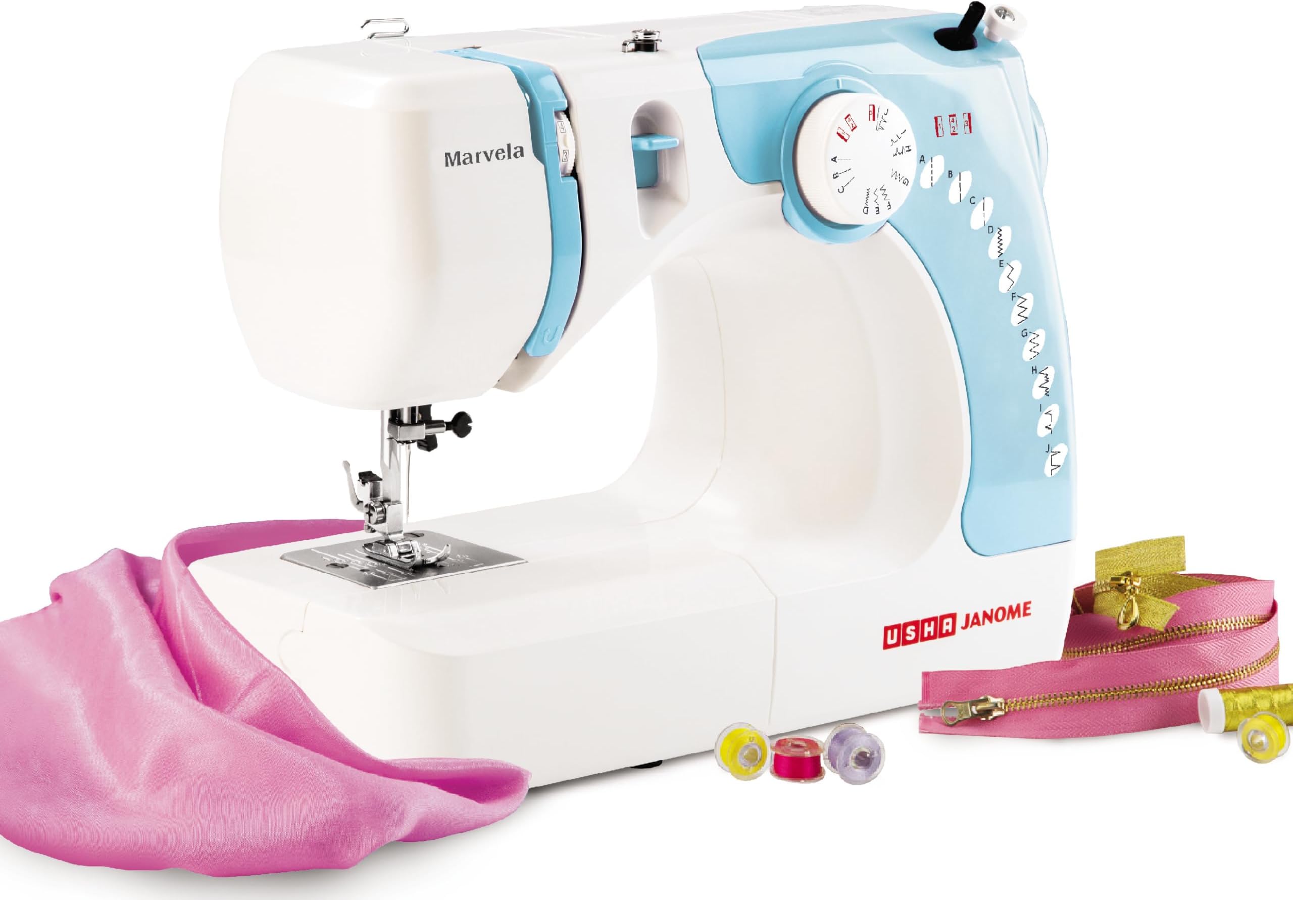 Usha Janome Marvela Blue Automatic Zig-Zag Electric Sewing Machine With Free Sewing Kit | Sewing Light | 7 Built-In-Stitches | 14 Stitch Functions | 2 Year Warranty | Blue & White
