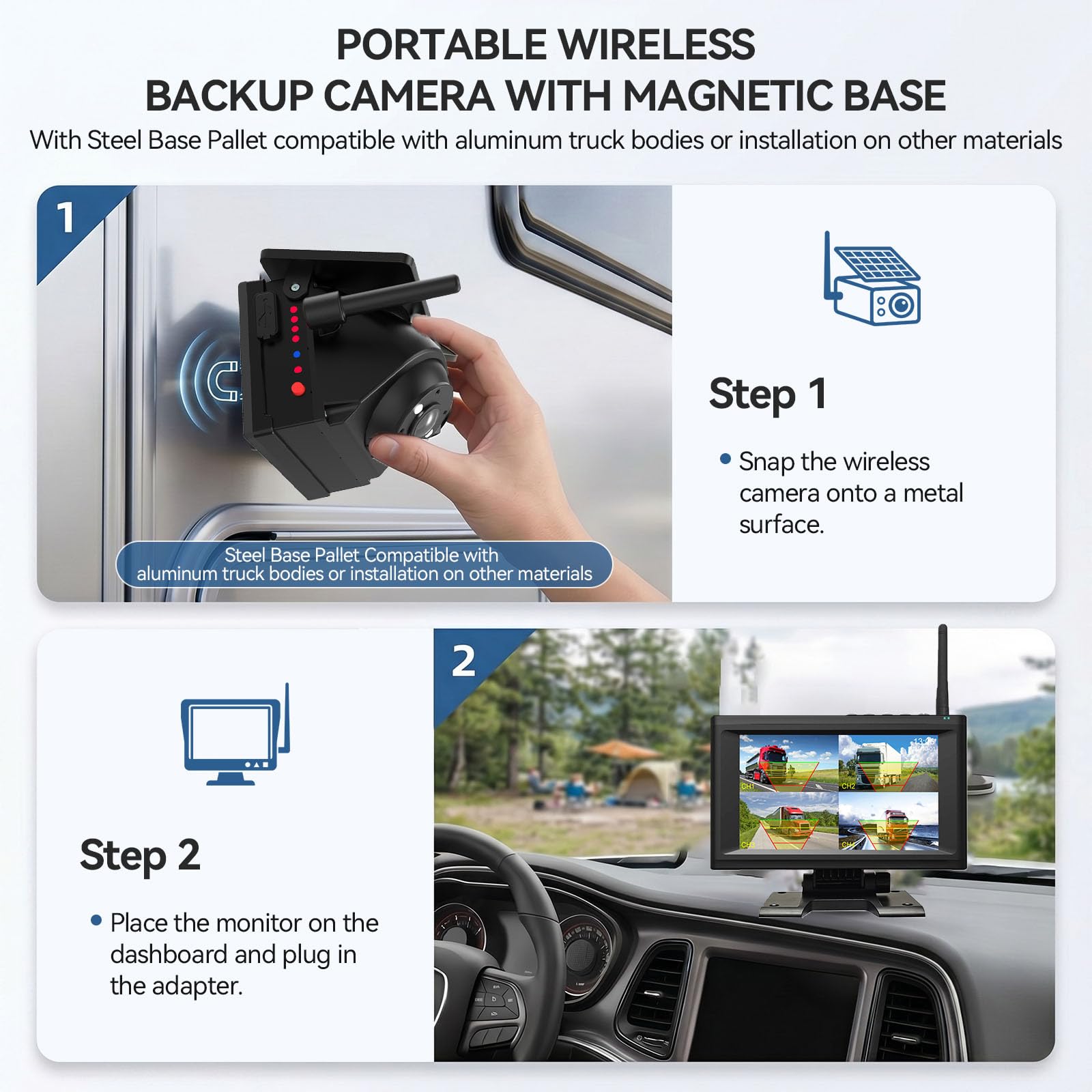 Solar Rückfahrkamera Kabellose Magnetische mit 7" 1080P LCD Monitor