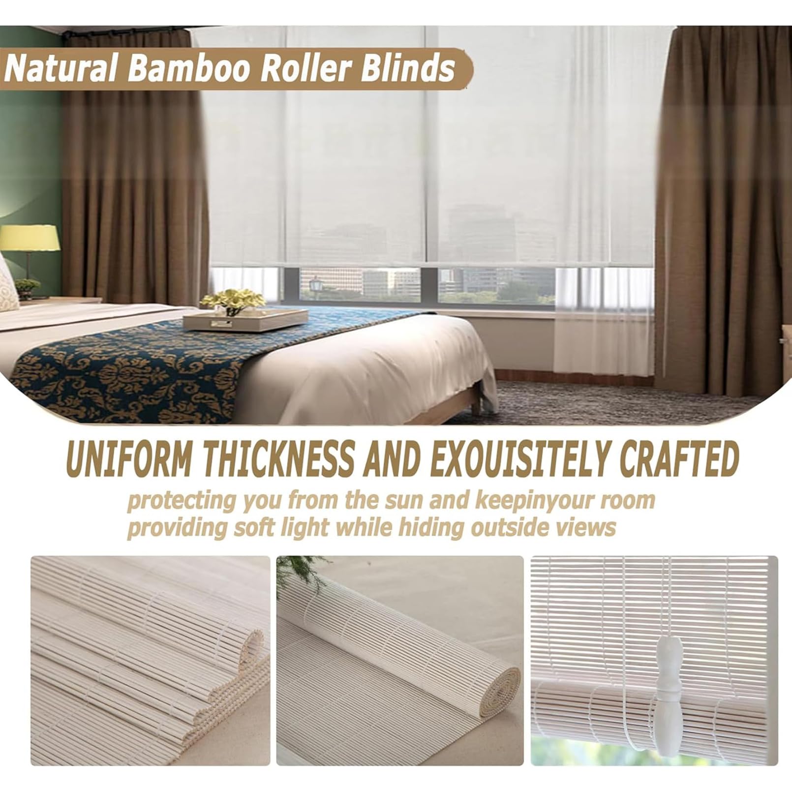 Store Enrouleur Bambou Naturel 90x100cm Blanc Stores Bambous pour intérieur et extérieur,Protection Solaire,Store Vénitien en Bambou,Tirage Latéral,Occultant,Respirant,pour Fenêtre et Porte
