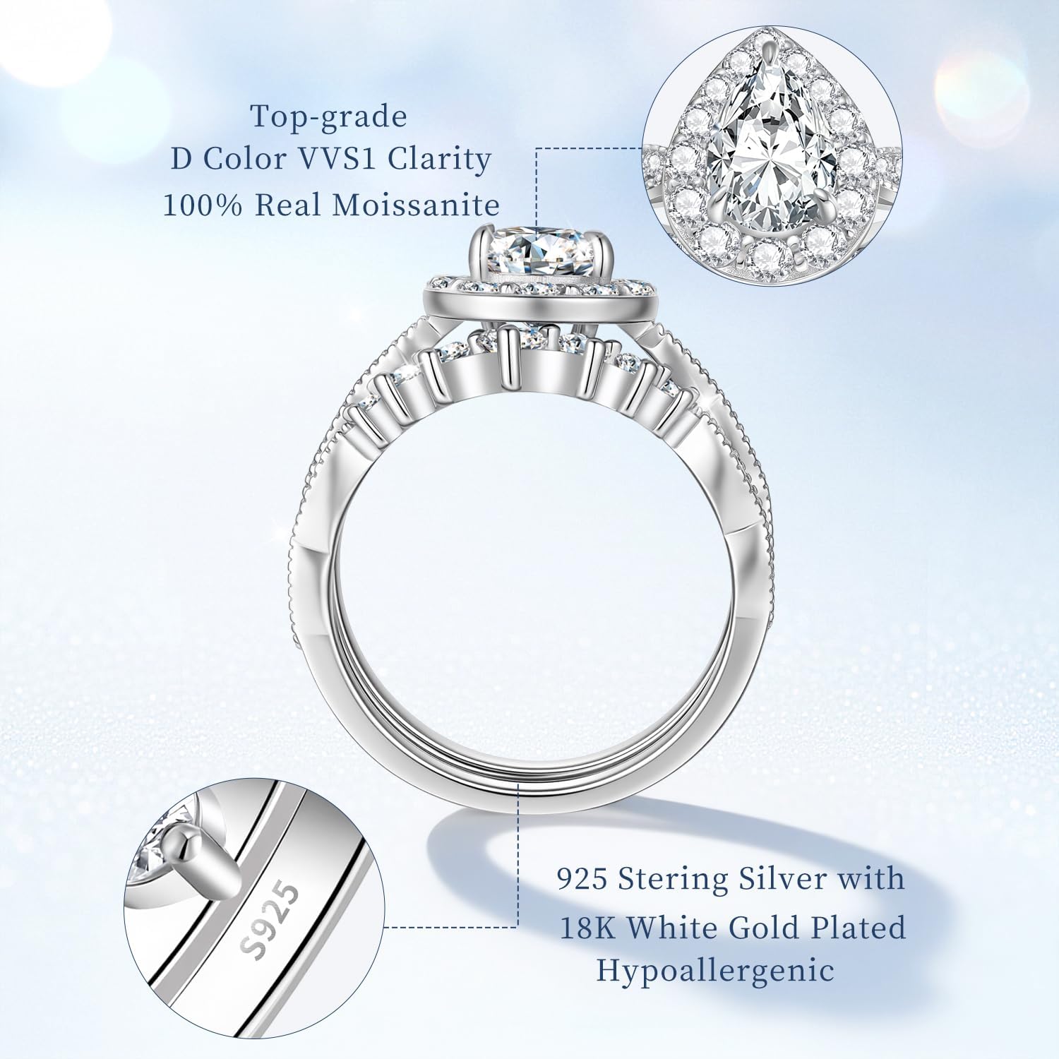 Pear Moissanite Wedding Bridal Rings Set for Women, 925 Sterling Silver, Total 2cttw(1.5CT Center Stone) Teardrop D Color VVS1, Halo Engagement Anniversary Promise Ring for Her with Certificate