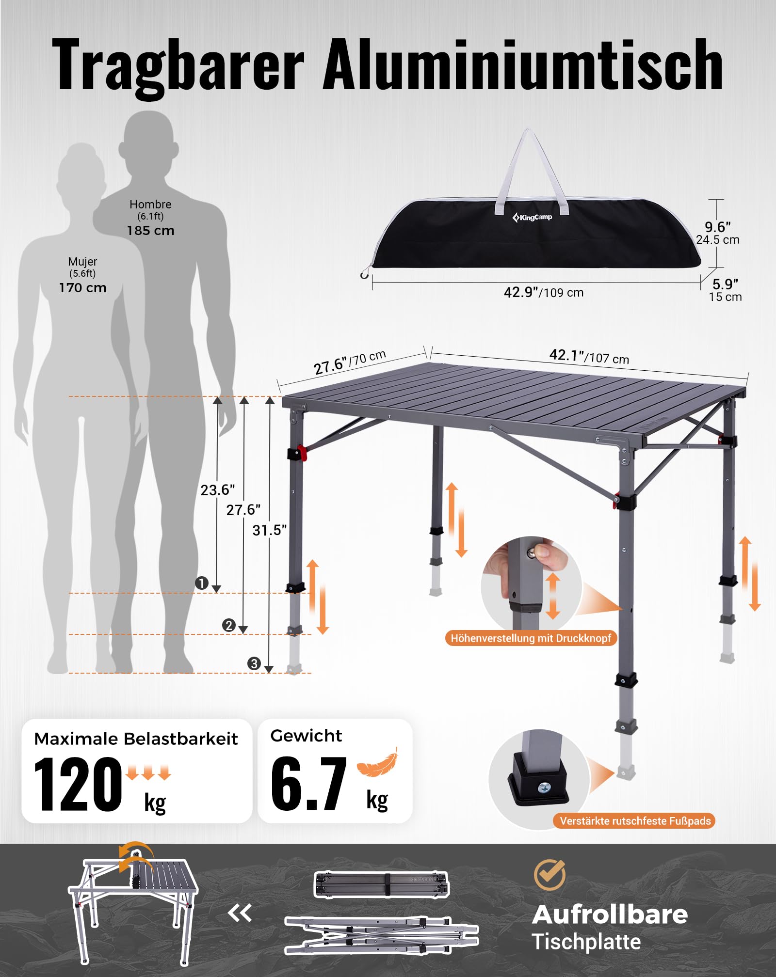 KingCamp Campingtisch Klappbar, bis 120 kg,60/70/80cm Höhenverstellbar | Aluminium Roll-Up Tischplatte,Schneller Auf- und Abbau,Kompakt, Robust,Langlebig,Leicht,für Outdoor,Picknick,107x70cm